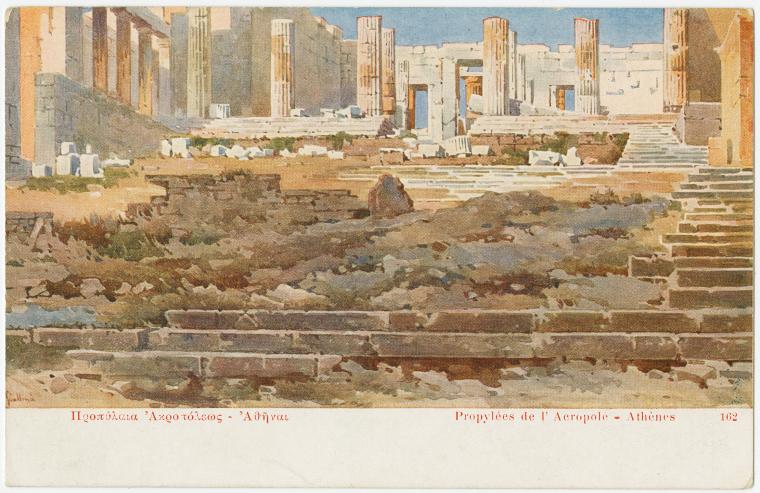 the image shows a watercolor painting of the propylaea at the acropolis in athens, greece. the painting depicts the ancient ruins, including columns, stone walls, and steps, with a muted color palette of browns, grays, and whites. the propylaea, the monumental gateway to the acropolis, is the main subject, with a foreground of rocky terrain and remnants of the ancient structure. the painting captures the architectural details and the historical significance of the site.