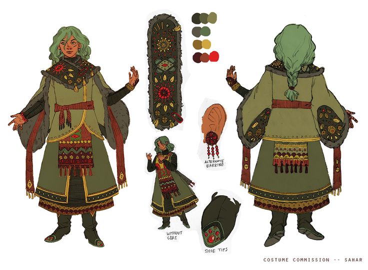 this image is a character design illustration of a woman in a fantasy costume. the design features a green cloak over a long dress with an embroidered belt.  the illustration includes front and back views, as well as closeups of details like the shoes, jewelry, and embroidery. the design is elaborate and includes a variety of details, with a color palette of greens, oranges, reds, and browns. the character has green hair and a braid, which is tied with a red ribbon. there is also an illustration of an alternate earring, a closeup of the shoe tip, and the character without the cloak.