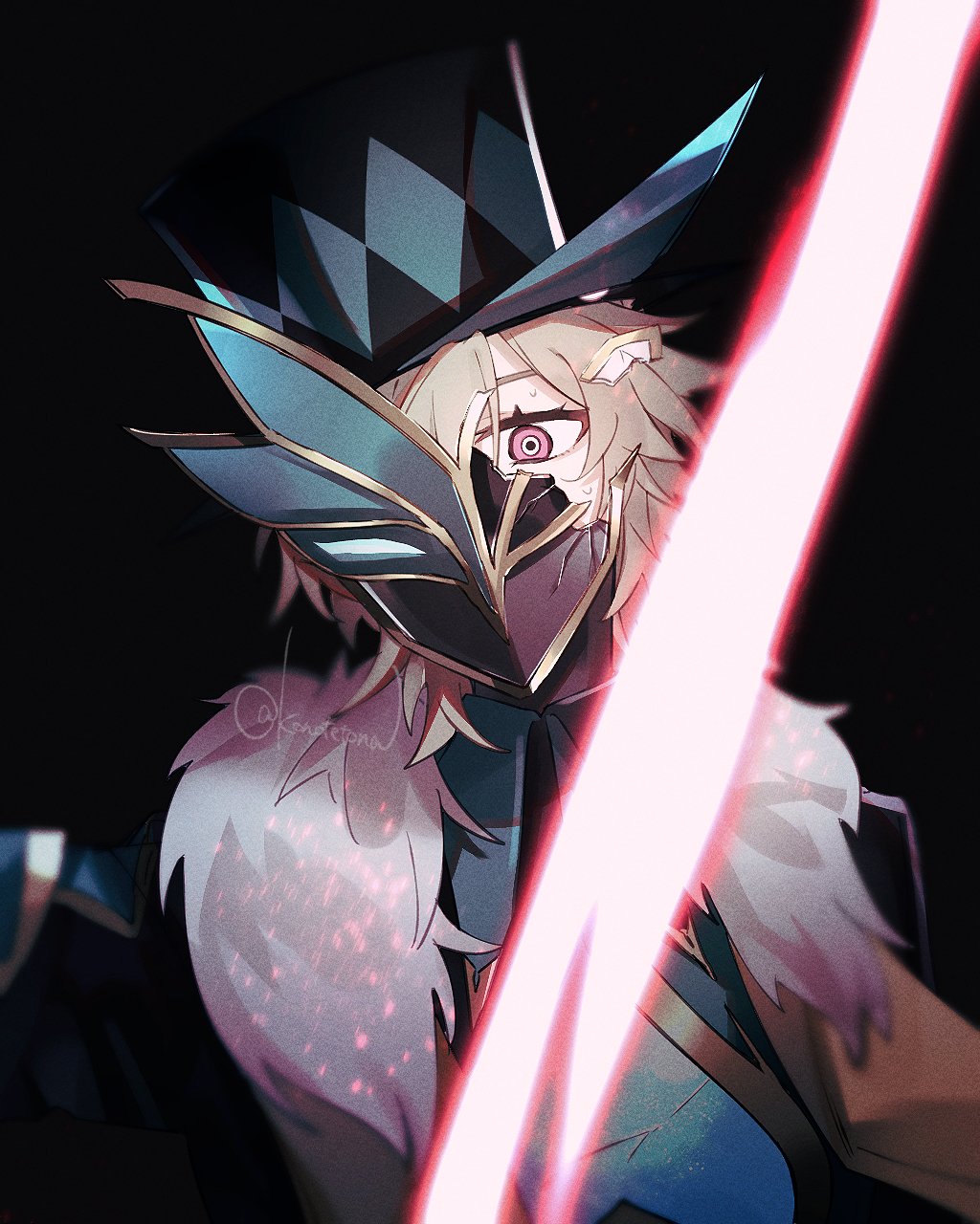 the image features an anime character with blond hair, blue eyes, and a hat. he is wearing a blue and gold mask that covers his nose and mouth. he also has a large hat that seems to be made of a dark fabric with a blue pattern. there is a red light behind the character, creating a mystical effect. the image has a dark background, making the character stand out.