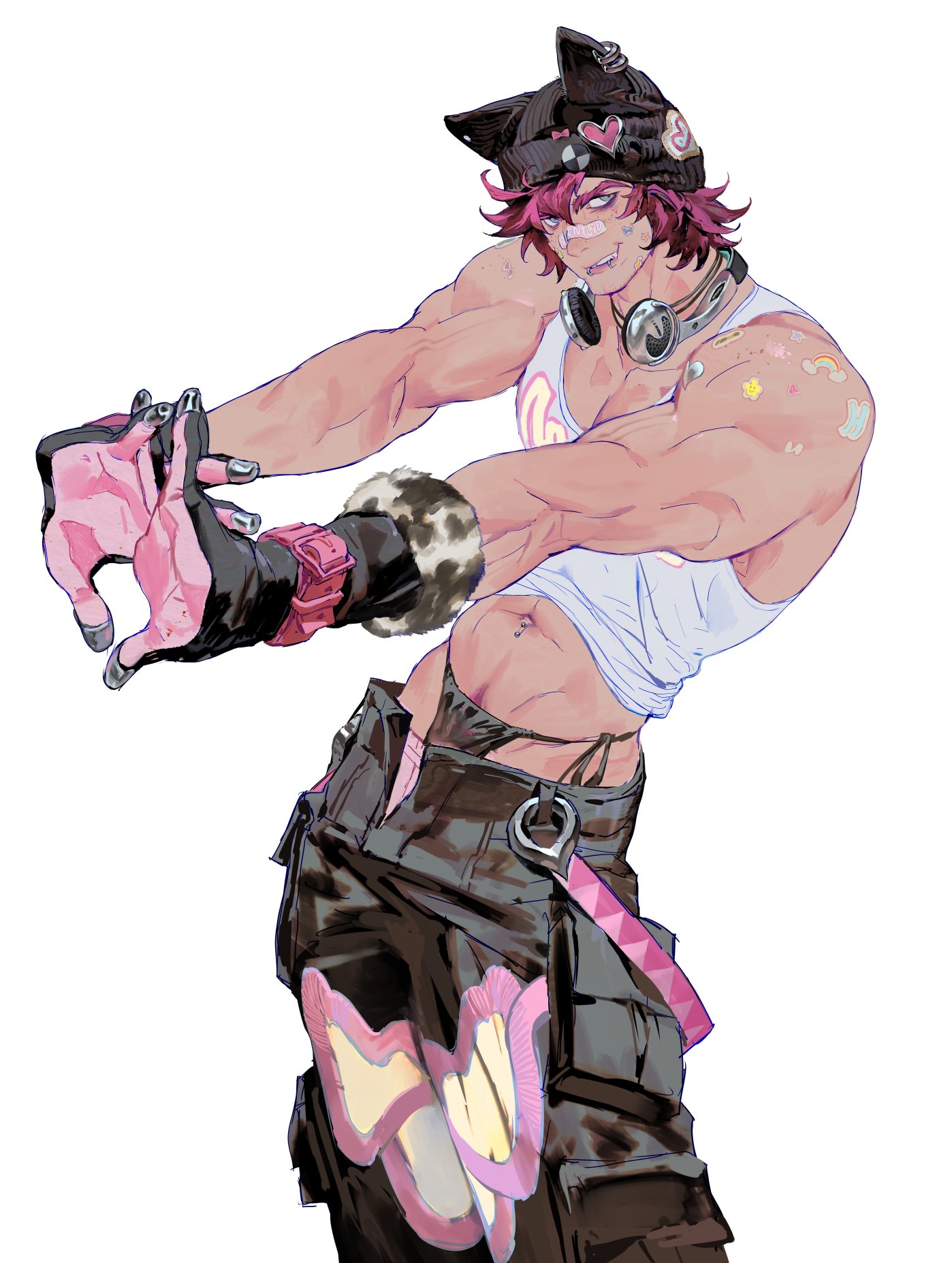 this is a digital illustration of an anime male character. he has pink hair, black and pink clothing, and is wearing headphones. he is smiling and has a muscular build. the background is a white, solid color.  the illustration has a colorful, streetstyle aesthetic.
