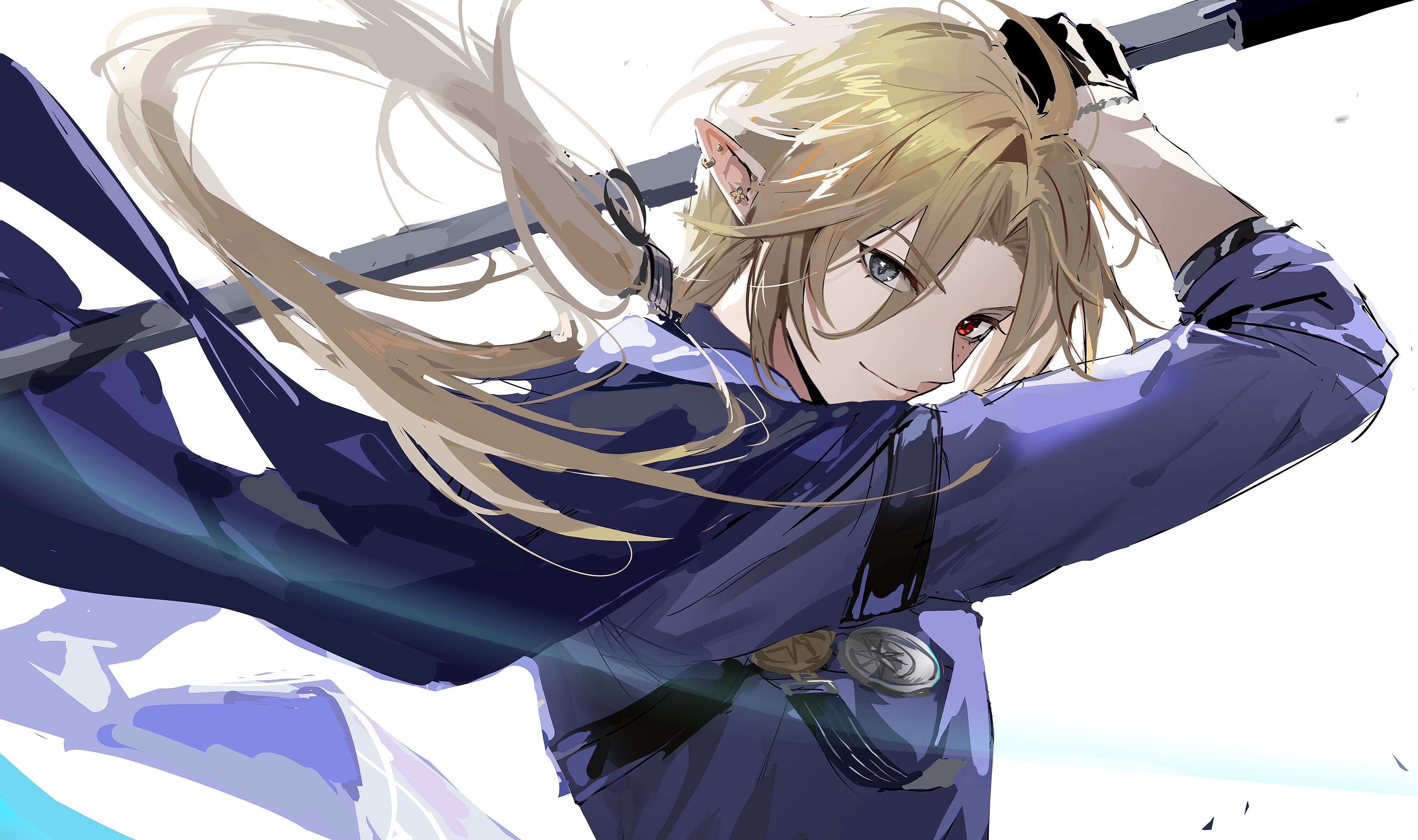 a stylized anime illustration of an elflike male character with long blonde hair tied in a ponytail. he has pointed ears adorned with earrings and exhibits heterochromia, with one blue eye and one red eye. he is dressed in blue clothing and appears to be holding a sword behind his head. the character is depicted in a dynamic pose, looking directly at the viewer with a slight smirk. the background is white, emphasizing the character and his attire.