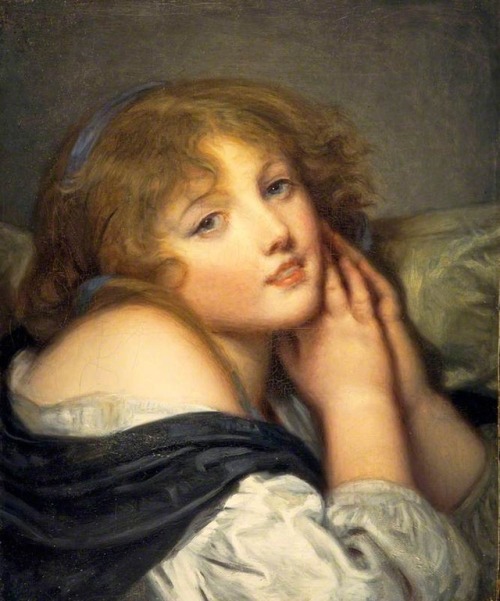 the painting is a closeup portrait of a young woman with blonde curly hair and blue eyes. she is reclining, with her head resting on her left hand and her right hand gently touching her cheek. her expression is serene and contemplative. she wears a white blouse with a plunging neckline and a dark blue shawl draped over her shoulders. the background is a dark, undefined space, which draws the viewer's attention to the woman's face and the soft lighting that illuminates her features.