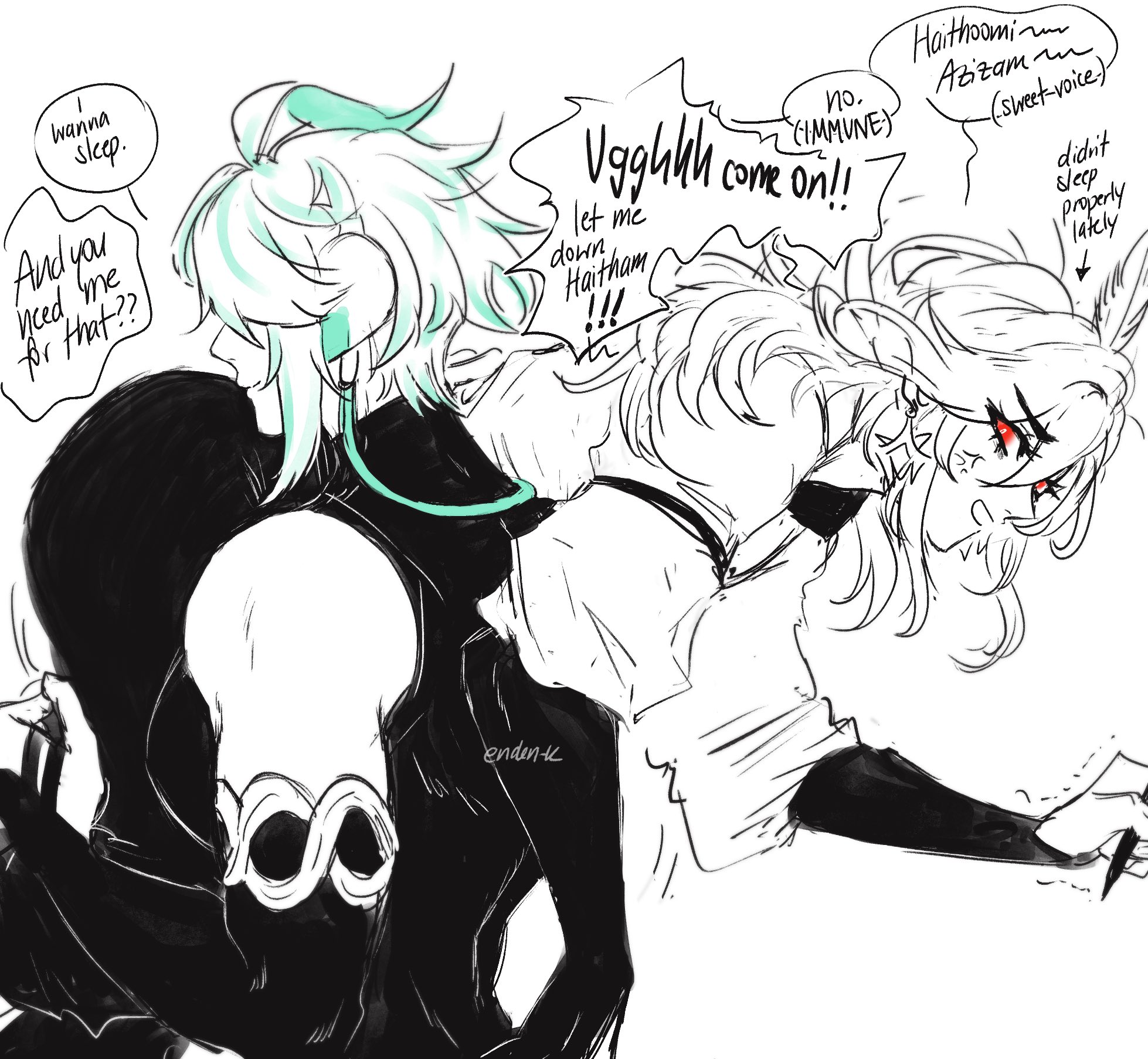 the image depicts two characters from the anime genshin impact: haitham and alhaitham. haitham is a tall, slender young man with long, flowing green hair, and is wearing a black outfit. he is lying on top of a smaller, femininelooking character, alhaitham. alhaitham is trying to get haitham to sleep. the image is drawn in a cartoon style, with exaggerated features and expressions.  the image appears to be a humorous scene. the words bubbled above the characters suggest alhaitham's frustration, but also his care for haitham.