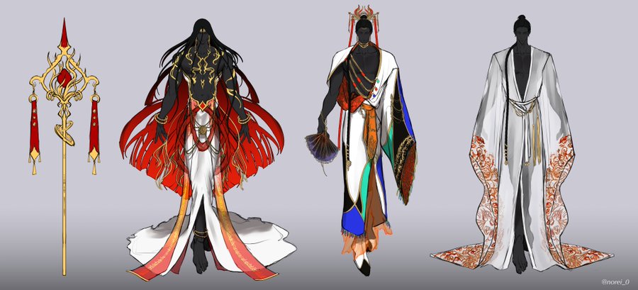 the image shows three male characters wearing traditional japanese outfits. the first character is wearing a red and gold kimono with a long red robe. he is holding a golden staff with red tassels. the second character is wearing a white kimono with a black and gold pattern and a green and blue sash. he is holding a golden fan. the third character is wearing a white kimono with a red and gold pattern. all the characters are wearing black hair and have a serious expression. the background is a light gray.