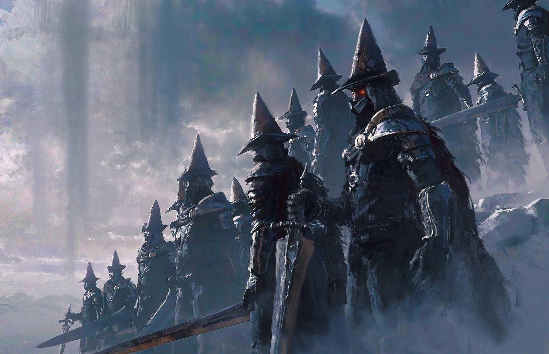the image showcases a line of armored soldiers standing on a mountain slope, their dark silhouettes stark against a dramatically lit, cloudy sky. the soldiers wear distinctive pointed helmets and carry large swords. they appear formidable and mysterious, enveloped in mist and the atmosphere of an epic fantasy world.