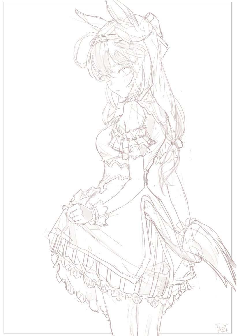 a sketch of an anime girl with rabbit ears and a tail, standing in a dress with frills, looking down in a side view.