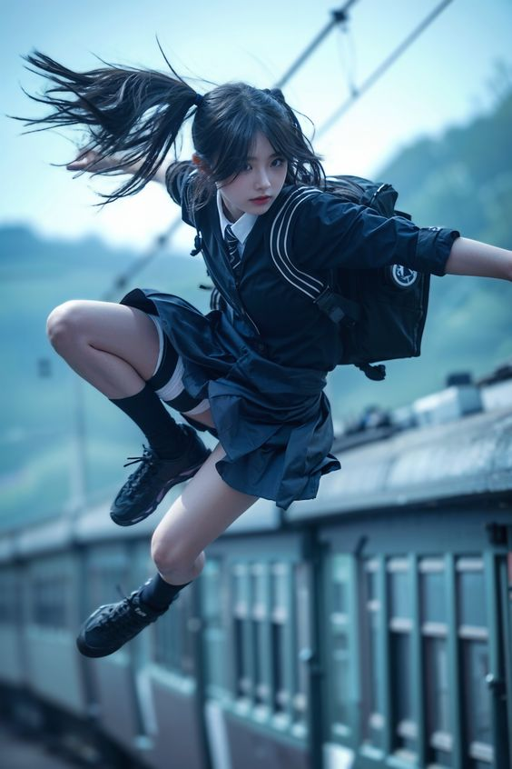 a young woman in a black and white school uniform is captured midair, executing a powerful flying kick. she wears a backpack and has her hair styled in high pigtails. the background features a blurred train and mountainous terrain, suggesting a dynamic action scene perhaps at a train station. the image utilizes a low angle shot, emphasizing the girl's powerful jump and creating a sense of action and motion. the overall color palette is cool and subdued, with a slight blue tint.