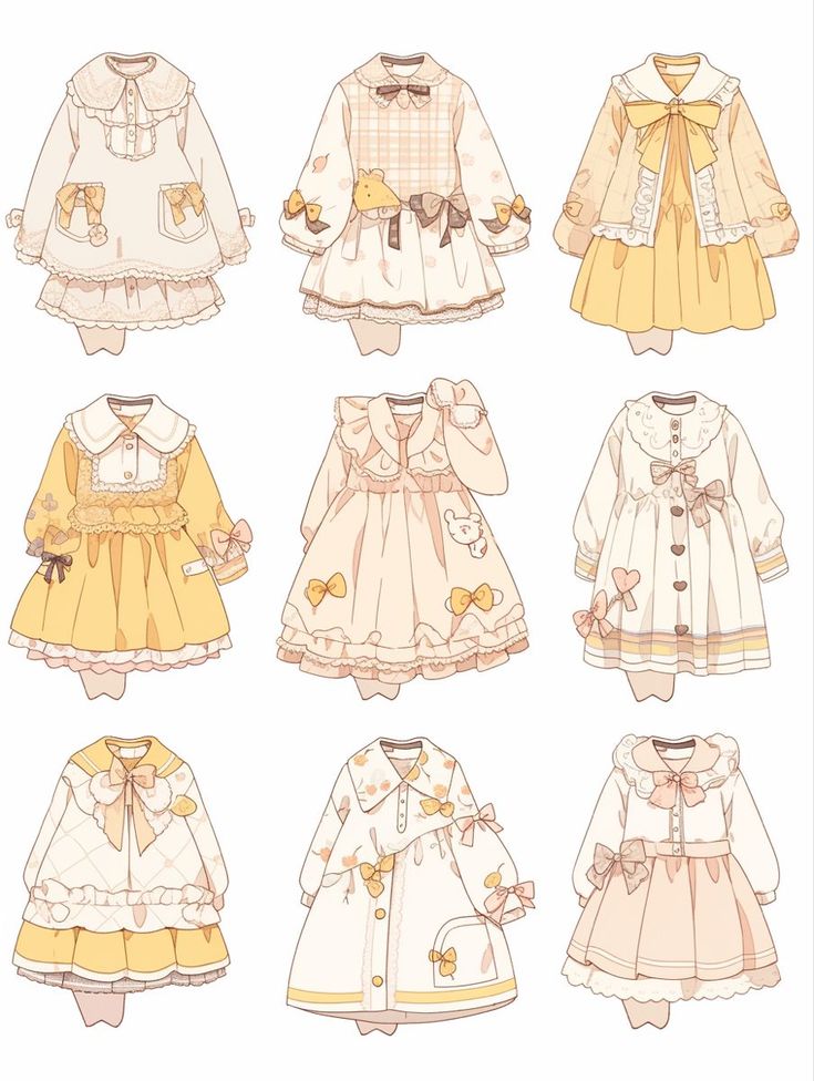 the image displays nine unique dress designs, all showcasing a pastel yellow and cream color palette. each design embodies a cute and feminine aesthetic, featuring elements like bows, lace, ruffles, and peter pan collars.  the styles are reminiscent of lolita fashion, emphasizing a youthful and whimsical charm.