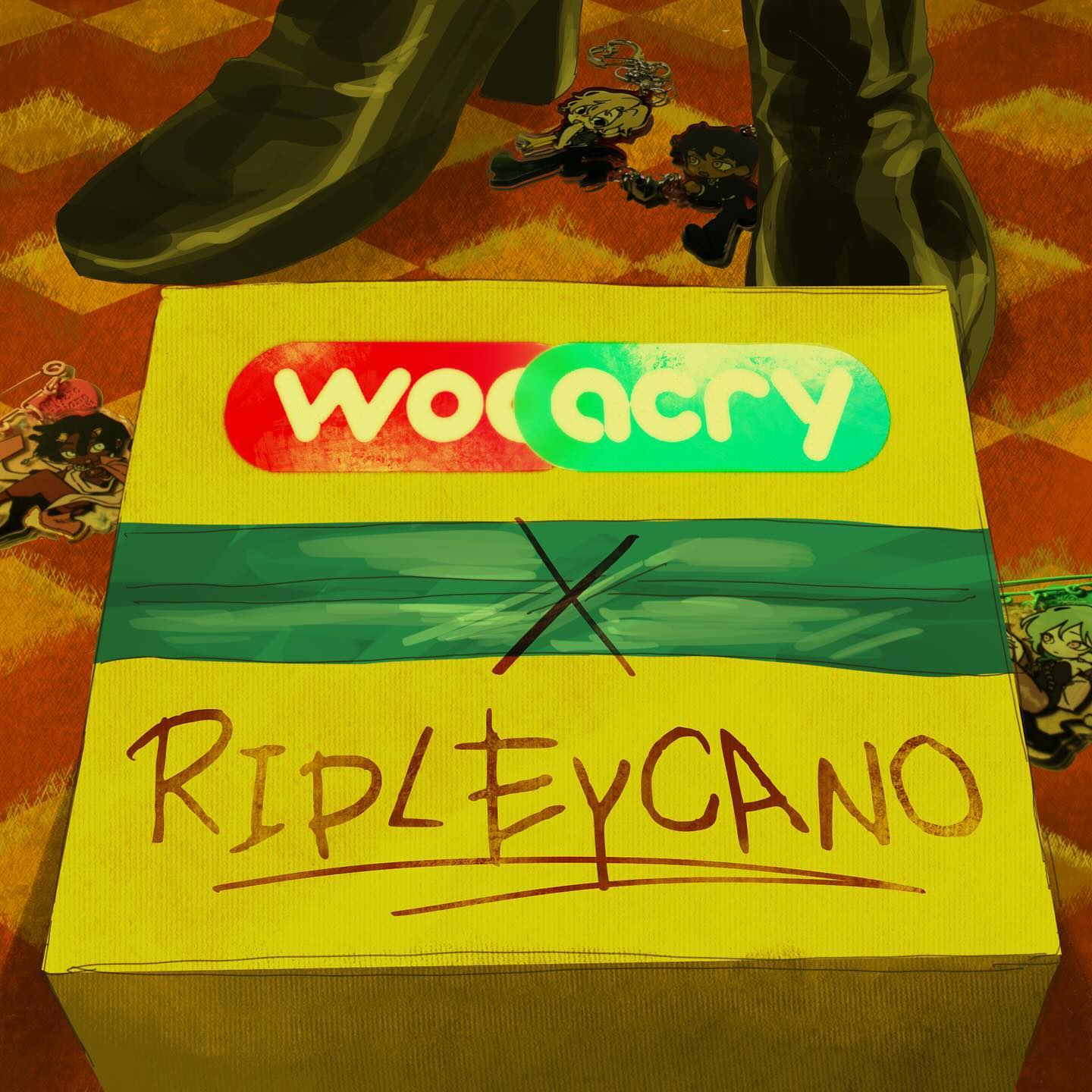 the image depicts a yellow cardboard box labeled "wooacry x ripleycano" in handwritten style.  a green band with a large 'x' is wrapped around the box, suggesting it's been shipped or is ready for shipping. several small, cartoonish character figurines are scattered around the box on a patterned floor. a pair of darkcolored shoes, possibly boots, are positioned above the box, implying a person has just placed it down. the overall style is a blend of cartoon and slightly darker, mysterious aesthetics. the background is a patterned carpet with diamond shapes, adding to the image’s vintage or retro feel. the wooacry logo is clearly visible on the box’s side.
