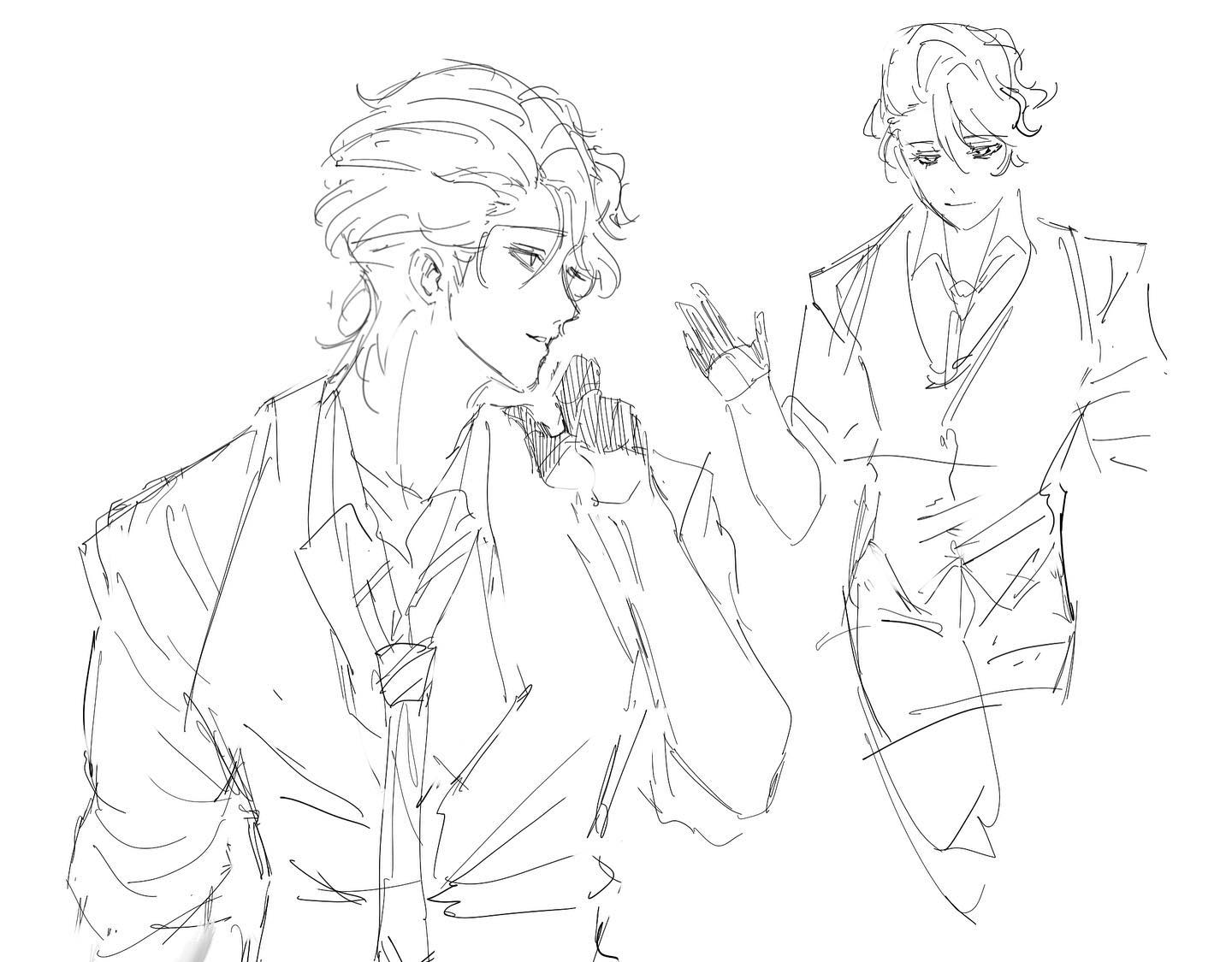this is a black and white sketch of two anime boys. the boy on the left is facing the left side and has a serious expression on his face. he is wearing a suit and tie. the boy on the right is facing the left side and has a slightly smug expression on his face. he is wearing a suit and tie. both boys are drawn in a very stylized manner and have a sleek look. the image could be a fan art or a character design for an anime or manga series.