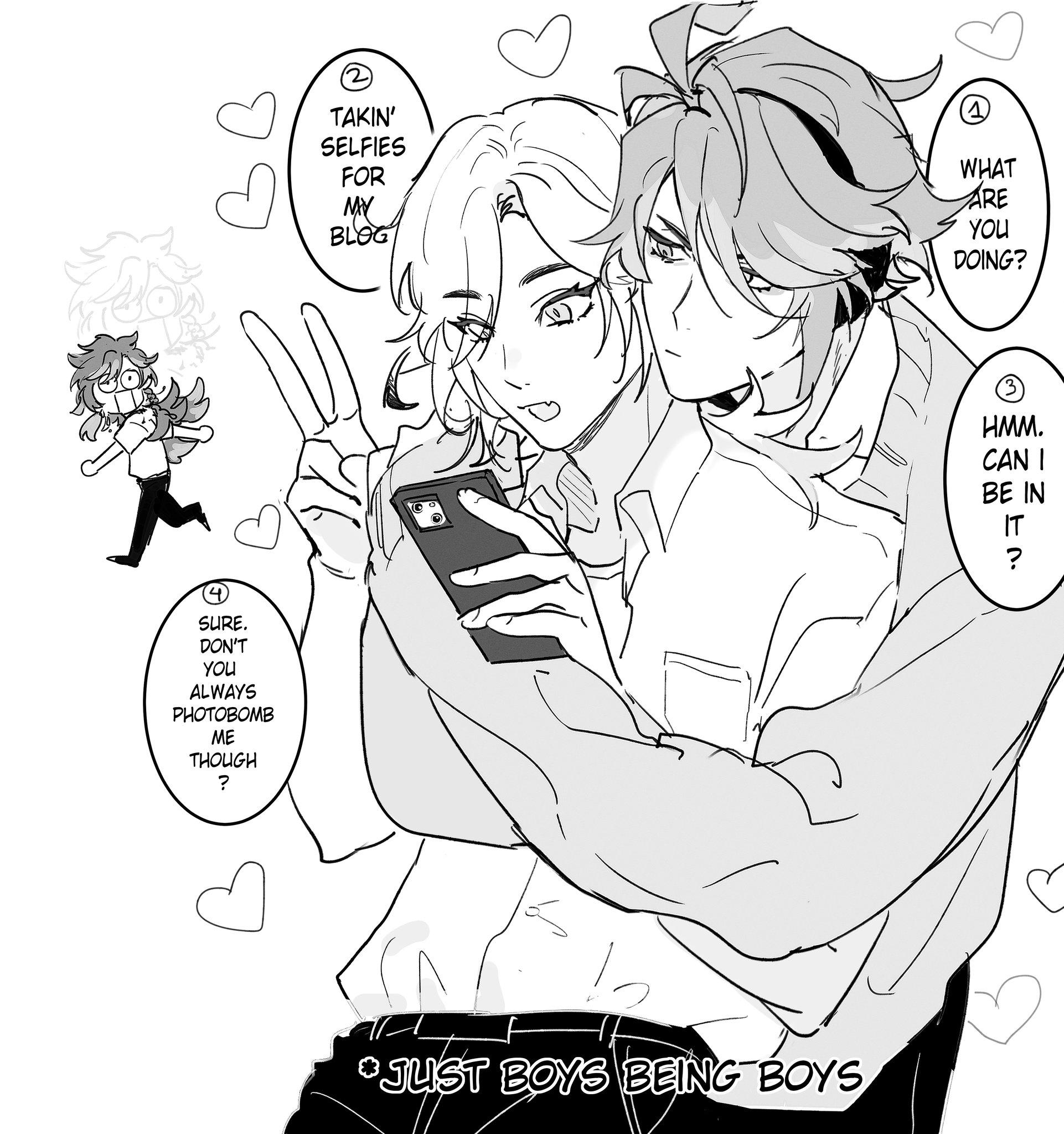 two boys are taking a selfie with a phone. the boy on the left is wearing a white shirt. the boy on the right is wearing a white shirt with a dark top. the boys are smiling at the camera. the boys are in a cute and loving relationship. there is a speech bubble above the boy's head on the right that says "what are you doing?" and a speech bubble above the boy's head on the left that says "takin' selfies for my blog."  the words just boys being boys are at the bottom of the image.