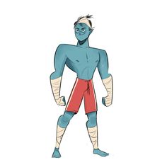 the image showcases a stylized male character, potentially a boxer or fighter, distinguished by his blue skin. he is dressed in red shorts and has bandages wrapped around his hands, feet, and head, suggesting a history of training or combat. his stance exudes confidence and readiness. the illustration employs a limited color palette and clean linework, reflecting a modern and graphic approach.