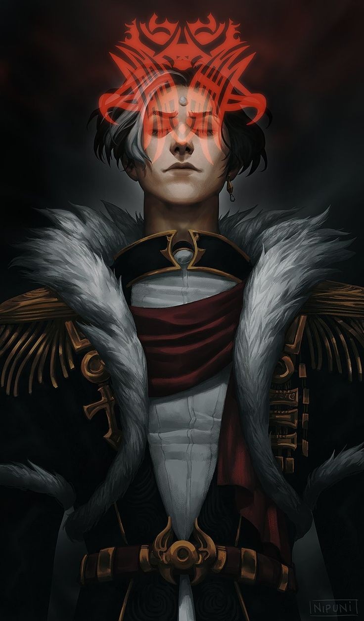 this digital artwork depicts a regal man in a mysterious setting. he stands tall and imposing, dressed in a dark and richly adorned outfit. a large, white fur collar wraps around his neck, contrasting with his black attire. a red sash adds a pop of color, tied around his waist and falling over his chest.  he wears a gold belt adorned with intricate detailing, and his eyes are closed, adding to the enigmatic aura surrounding him. a large, red, ornate emblem is visible behind him, further amplifying his powerful and noble presence. the background is dark and shadowy, leaving the man as the focal point of the image, shrouded in an atmosphere of mystery and intrigue.