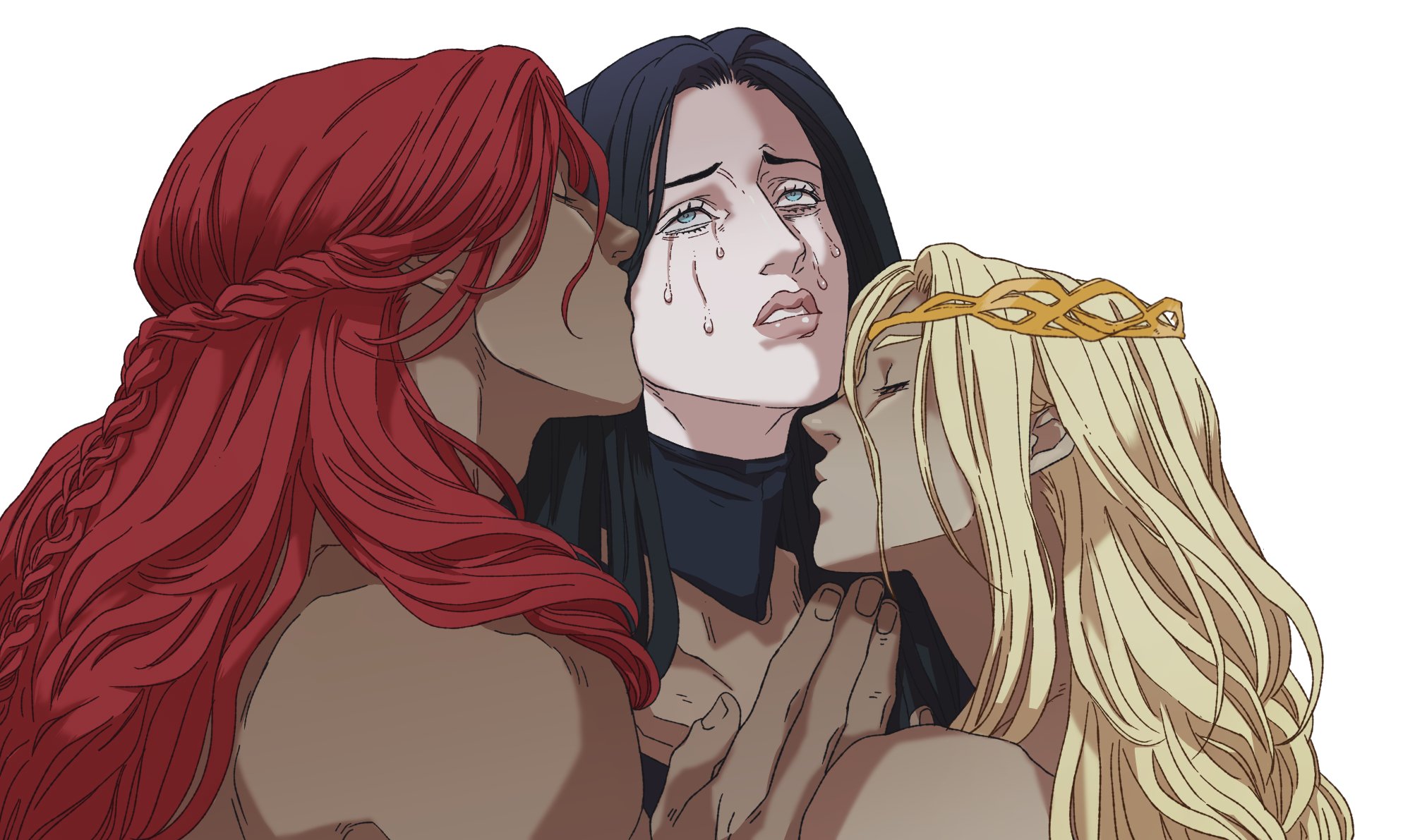the image is a cartoon illustration of three women. one woman with long red hair is on the left, kissing the crying woman. on the right is a woman with long blonde hair and a crown, also kissing the crying woman. the crying woman has long black hair and is wearing a black garment.