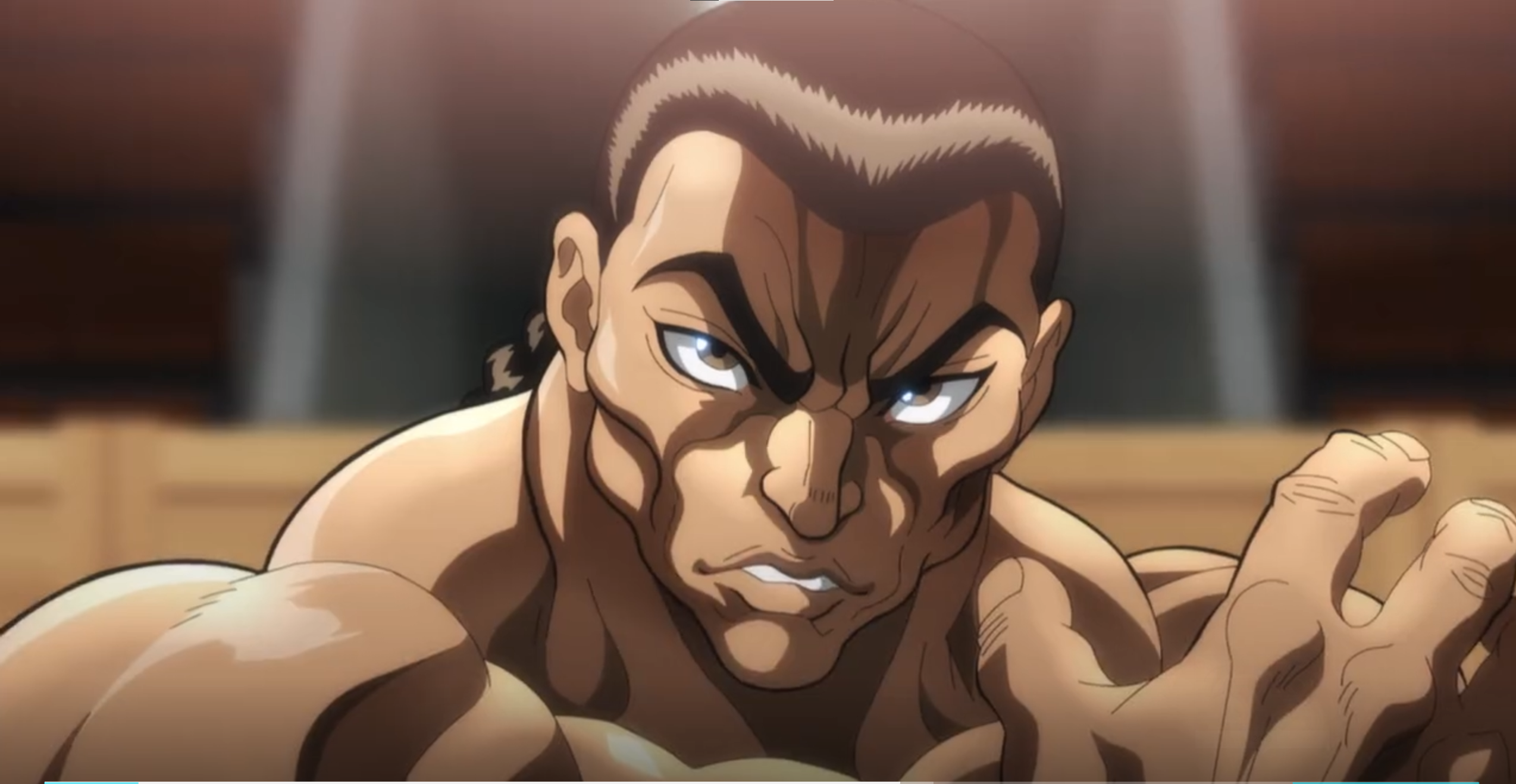 a closeup illustration of an adult male with a strong, muscular build. he has a focused, intense expression. he appears to be a fighter of some sort, and the setting appears to be some kind of arena. the art style is anime/manga.