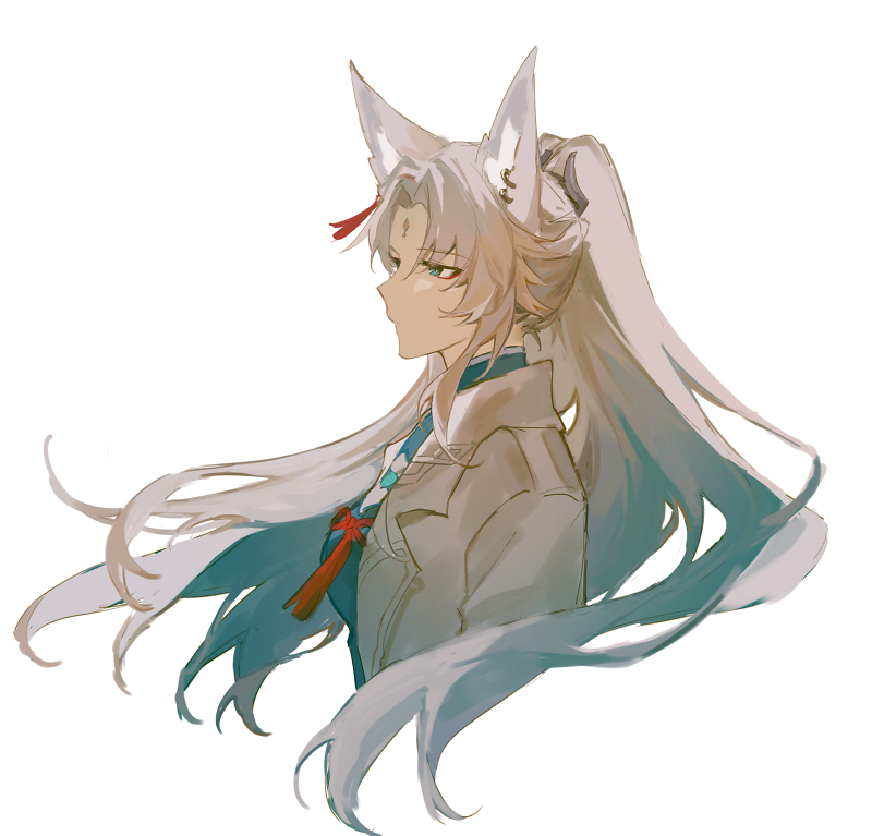 the image is a digital art piece depicting an anime girl with long white hair tied in a ponytail. she has fox ears and a red ribbon on her hair. she wears a white jacket and has blue eyes. she looks to the right and has a serious expression on her face. the background is white.
