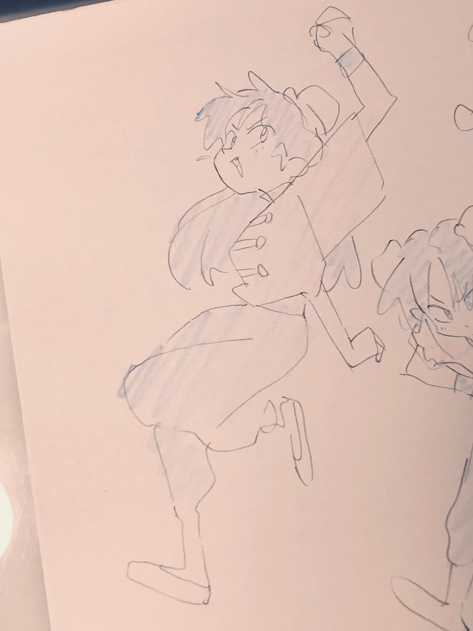 a dynamic sketch of seemingly two people (only one is fully visible) celebrating. the person in full view is drawn with a more anime style with emphasized features.  they are moving towards the left side of the frame with their right arm raised, midstride, and mouth open, as if they are cheering.