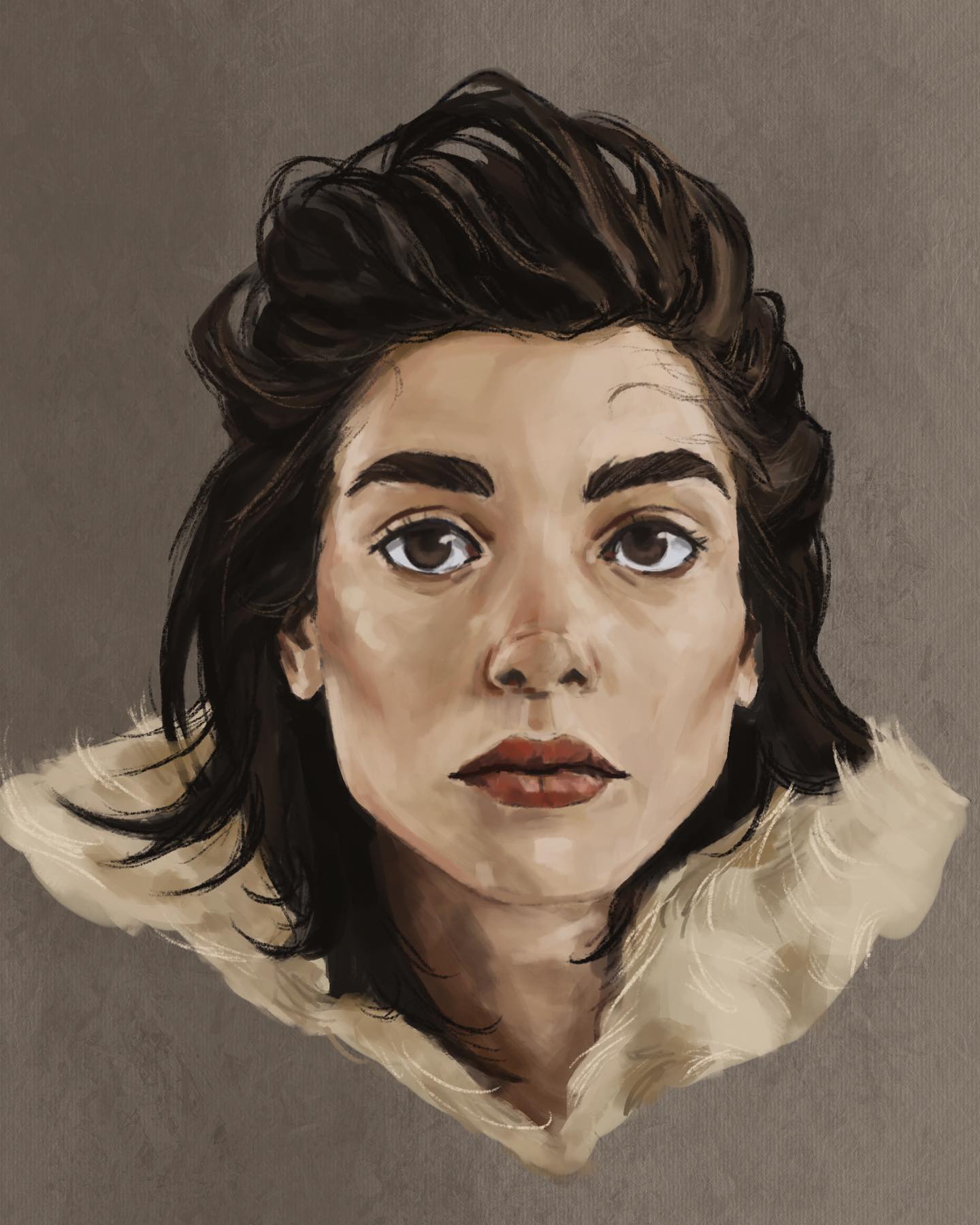the image is a digital painting depicting a closeup portrait of a young woman with dark, slightly messy short hair.  she has a serious, almost contemplative expression, with expressive brown eyes. her skin tone is light to medium, and the overall color palette of the painting is muted and earthy, consisting mainly of beiges, browns, and dark tones. she is wearing a garment with a light beige, furlike collar. the style of the painting is realistic, with attention to detail in the rendering of the woman's features and hair. the background is a simple, plain beige. the overall mood is calm and introspective.