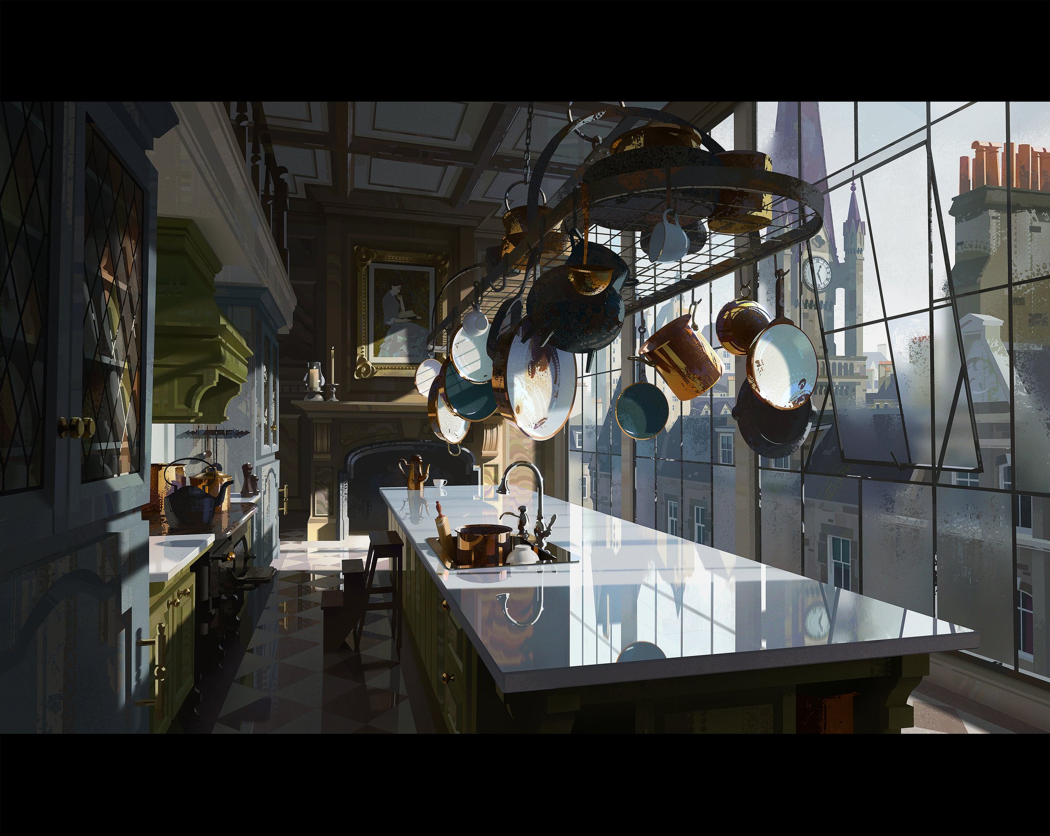 the image depicts a brightly lit, classically designed kitchen with a large central island topped with a glossy white countertop and featuring a builtin sink and faucet. a rack suspended above the island displays an array of copper and ceramic pots and pans. large windows behind the island offer a view of a cityscape with visible clock towers and building rooftops. a fireplace with a painting hanging above it is visible in the background, flanked by cabinetry. the floor features a checkerboard pattern, and additional cabinetry lines the left side of the room. the kitchen's architecture includes detailed moldings and window frames.
