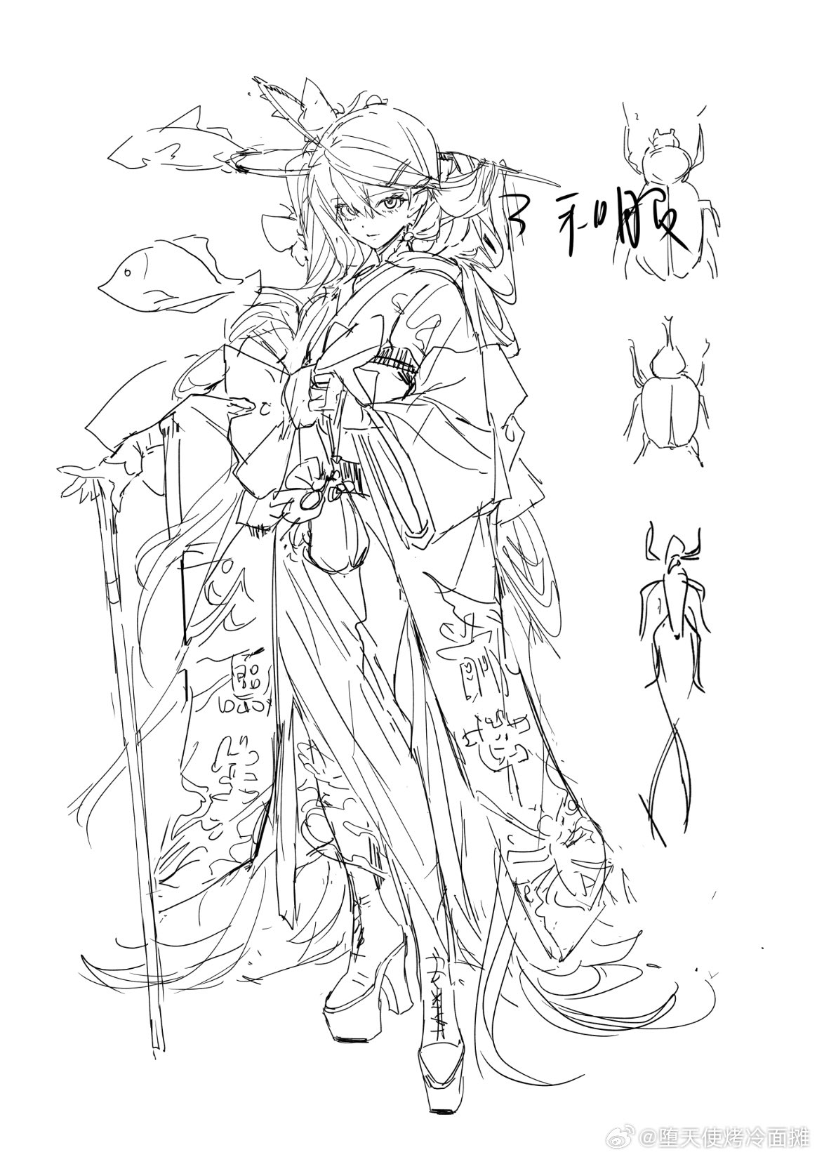 a line drawing of a female anime character, possibly a manga character, dressed in a long kimonolike robe.  she holds a staff and is surrounded by sketches of fish and beetles. the style is loose and sketchy, typical of concept art or preliminary design work. the character has long flowing hair and is depicted in a somewhat elegant or graceful pose.  there are chinese characters visible on the robe.