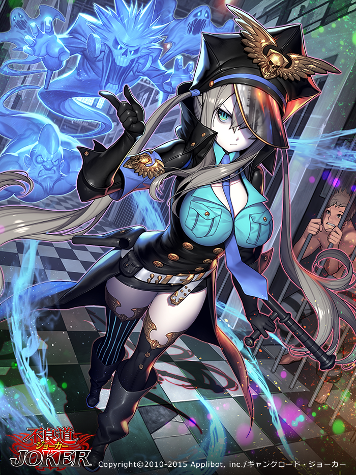 the image features a confident anime girl in a stylized police uniform standing on a checkered floor. she has long, silver hair and piercing blue eyes. she holds a baton and gives a thumbsup with a determined expression. behind her, several translucent blue ghosts float menacingly. the setting appears to be a prison cell or hallway, with metal bars visible in the background. a frightened man cowers in the corner. the lighting is bright and almost magical, with glowing particles illuminating the scene.  the image has a low angle, emphasizing the girl's strong posture.