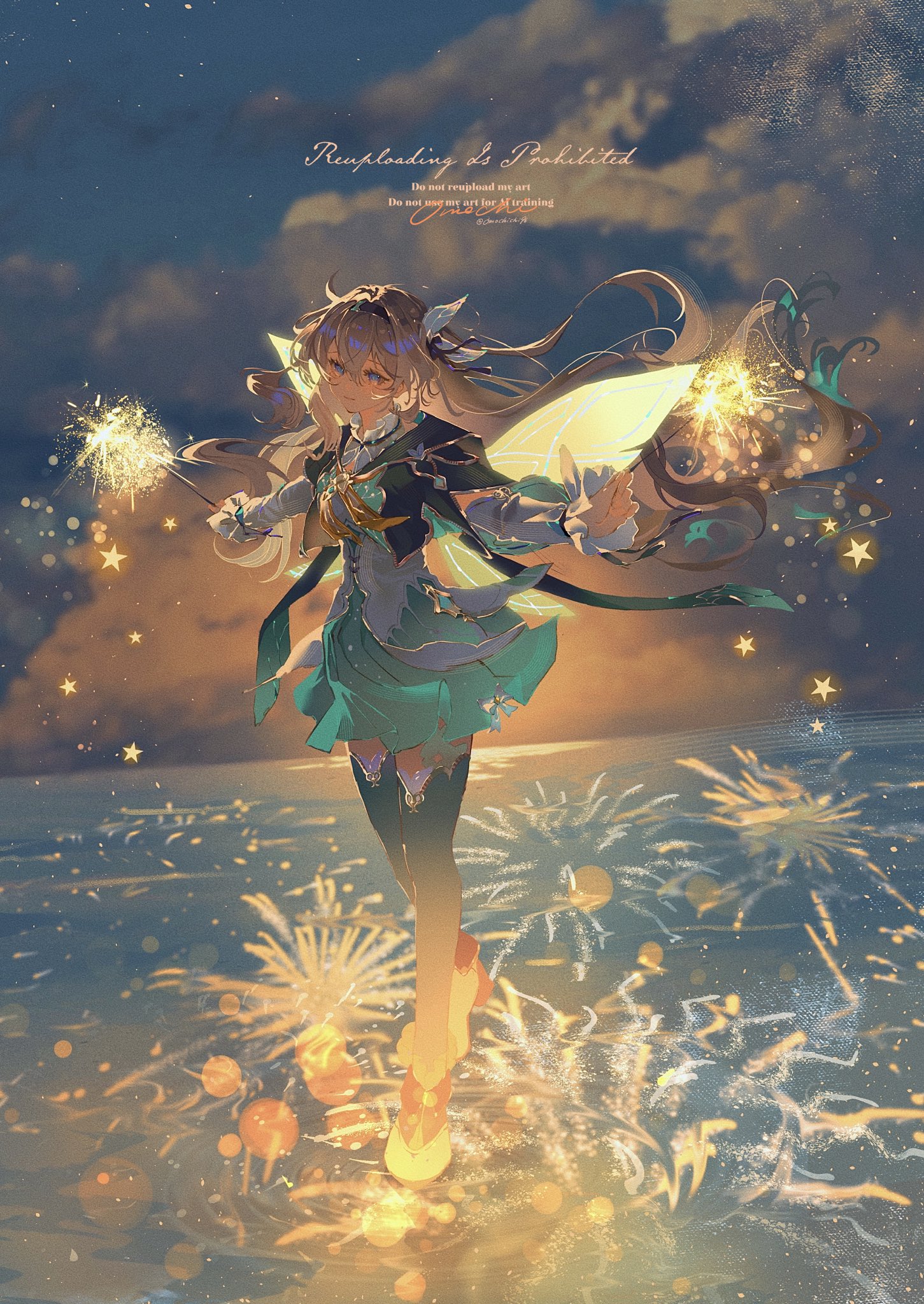 the image is a digital painting of an anime girl with fairy wings. she is holding sparklers and walking on water, surrounded by fireworks and stars. the scene is magical and whimsical, with vibrant colors and a dreamy atmosphere. the girl's dress is teal and green, and her wings are a translucent yellow. she has long blonde hair and looks happy. the background is a night sky with clouds and stars, and the water reflects the fireworks. the overall style is evocative of fantasy and wonder.
