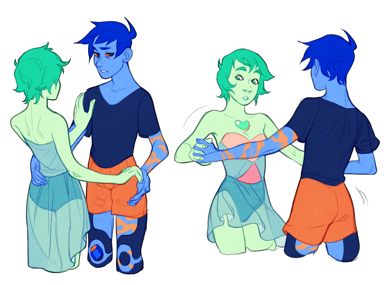 this is a twopanel illustration of a couple, the one on the left coded as more masculine, the one on the right more feminine. in both, the masculine figure has one hand on the other's waist, and is holding their hand with the other. the feminine figure's other hand is at their side or behind their partner's back. their poses are similar but mirrored. both figures have blue skin and black hair, but the masculine figure has dark blue hair and orange and light blue markings and clothing, and the feminine figure has bright green hair and clothes, some of them translucent.