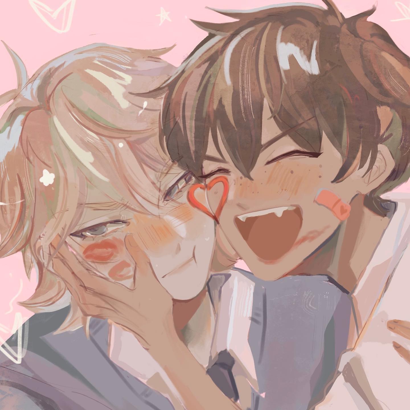 the image is a digital drawing or painting in a soft, pastel anime style. it depicts a closeup of two young men, possibly a romantic couple, embracing.  one has light blond hair, the other brown.  both are blushing, and there are playful elements like hearts and a bandaid on one's face. the overall mood is very sweet, romantic, and intimate.  the style is reminiscent of fanart found online, particularly in the bl (boys love) genre. the light coloring and soft lines contribute to the image's gentle and romantic feel.