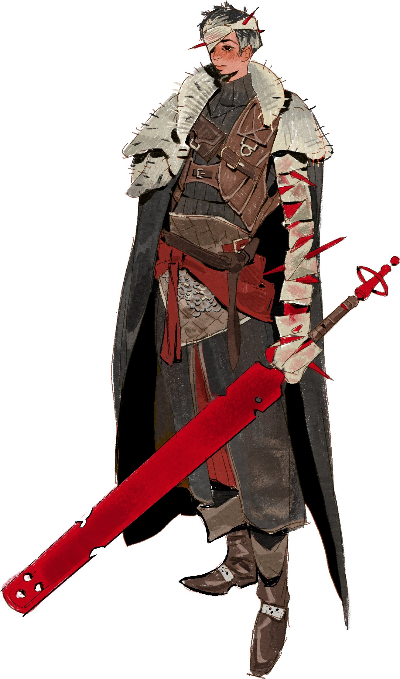 the image showcases a digital painting of a fantasy character, possibly a warrior or knight. the character is male and appears wounded, with bandages wrapped around his arm and a head bandage. he is dressed in dark clothing, including a long cloak with a fur collar, leather armor, and brown boots.  he carries a large, distinctly red, long sword with a unique design. the art style is painterly and detailed, with a focus on textures and a slightly muted color palette, punctuated by the vibrant red of the weapon and the character's injuries. the overall mood is dark and somewhat melancholic.