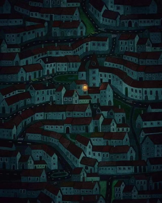 the image is an aerial illustration of a dense city at night. the houses are packed tightly together, creating a mazelike pattern of streets and buildings. almost all the houses are dark, except for a single window emanating a warm yellow light. this single light source draws the eye and emphasizes the vastness and darkness of the surrounding city.  the color palette is muted, using dark blues, greys, and blacks to depict the nighttime atmosphere.