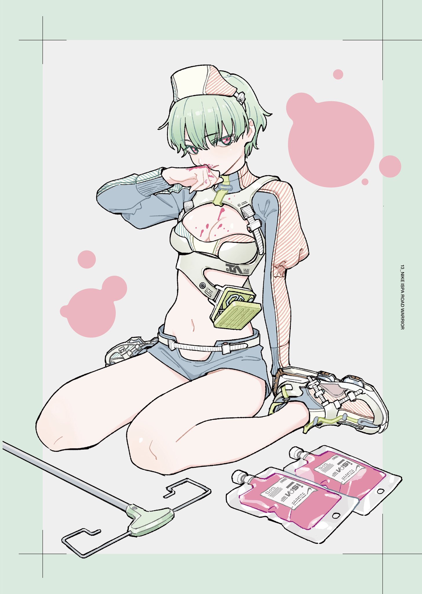 the image is a digital illustration of an animestyle female character. she has short, light green hair, and is wearing a light green nurse's cap, a light blue and grey outfit with a futuristic/robotic chest piece, and light grey shorts.  she is sitting on the floor, appearing slightly wounded with blood stains on her chest and hand.  she is holding her injured hand to her mouth.  near her are iv bags and a medical device. the style is minimalist, using soft pastel colours and clean lines. the background is a light green with a simple border. the overall aesthetic is a blend of cyberpunk and anime, with a somewhat melancholic tone.