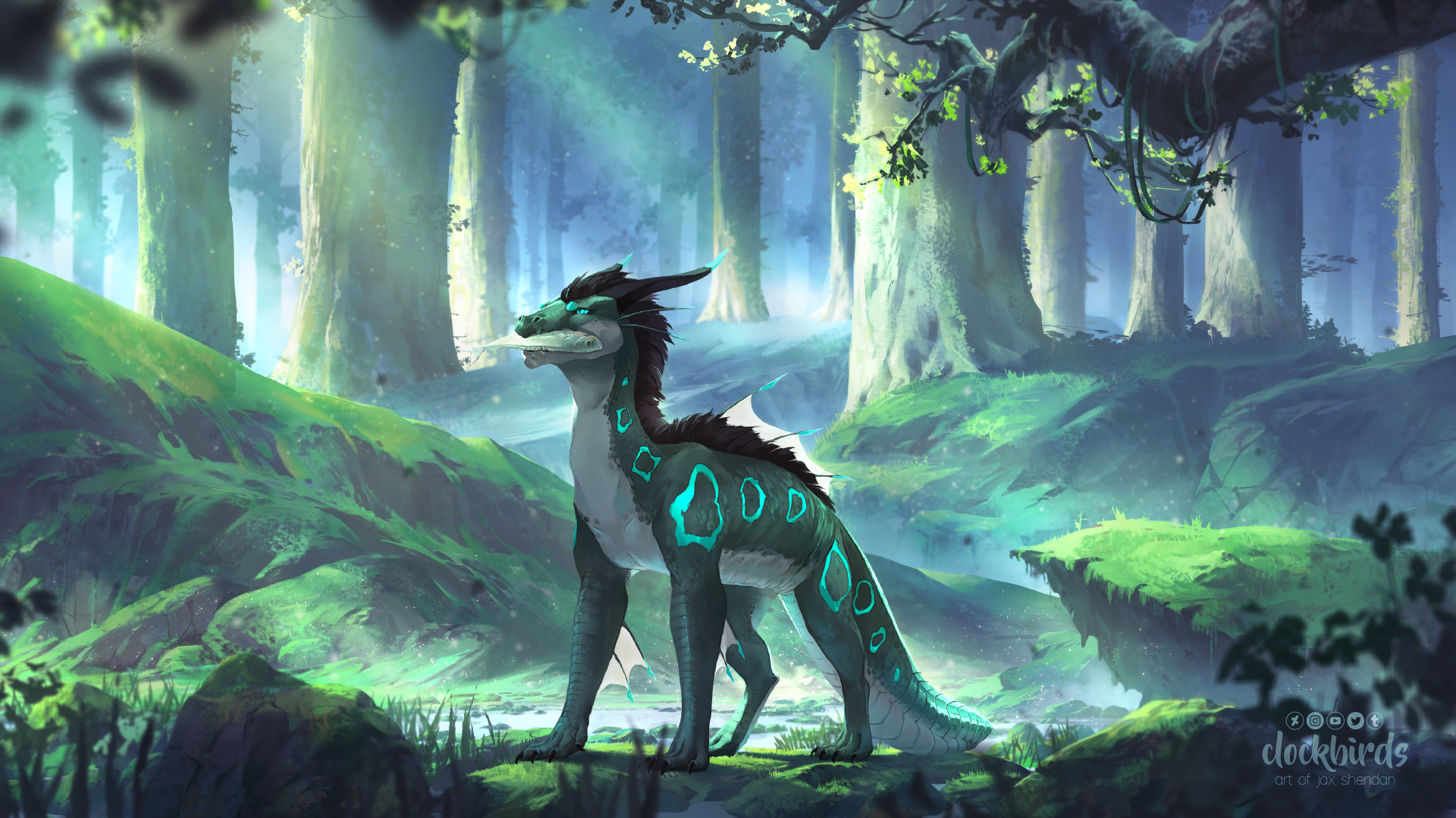 a green and white dragon with glowing blue markings stands in a misty forest. the dragon is breathing out a small puff of smoke. the forest is filled with tall trees and lush green foliage. the lighting is soft and dappled, creating a magical atmosphere.
