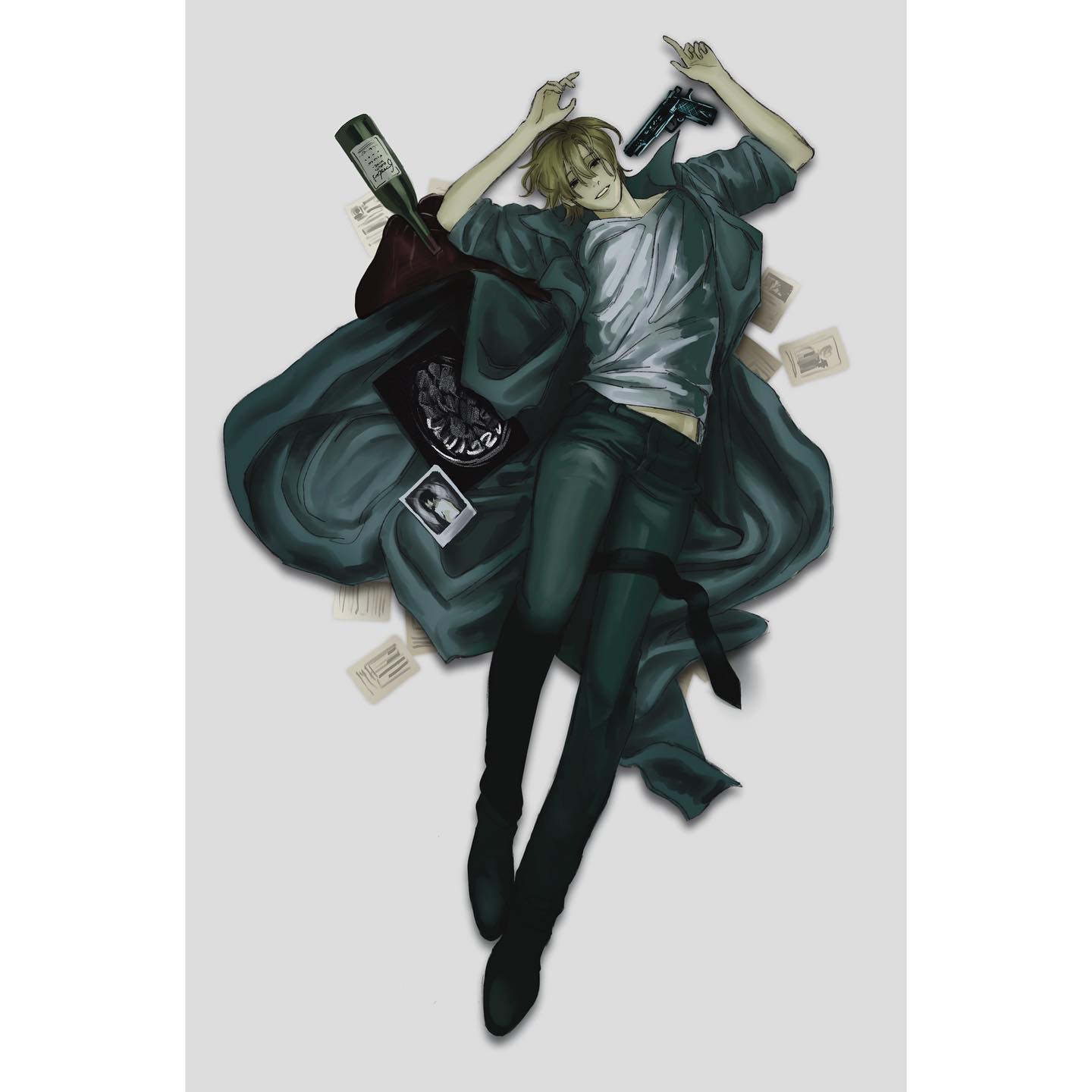 this image is of a young man in a green coat, lying on the floor.  he has blond hair, he is wearing a black shirt and black pants.  he is lying on his back, his arms are out to the side.  he has a bottle of wine,  gun,  photo, and some papers  scattered around him. it looks like he is injured and may be dead.  he has a very dramatic pose and seems to be in pain.  it is a very intense image.