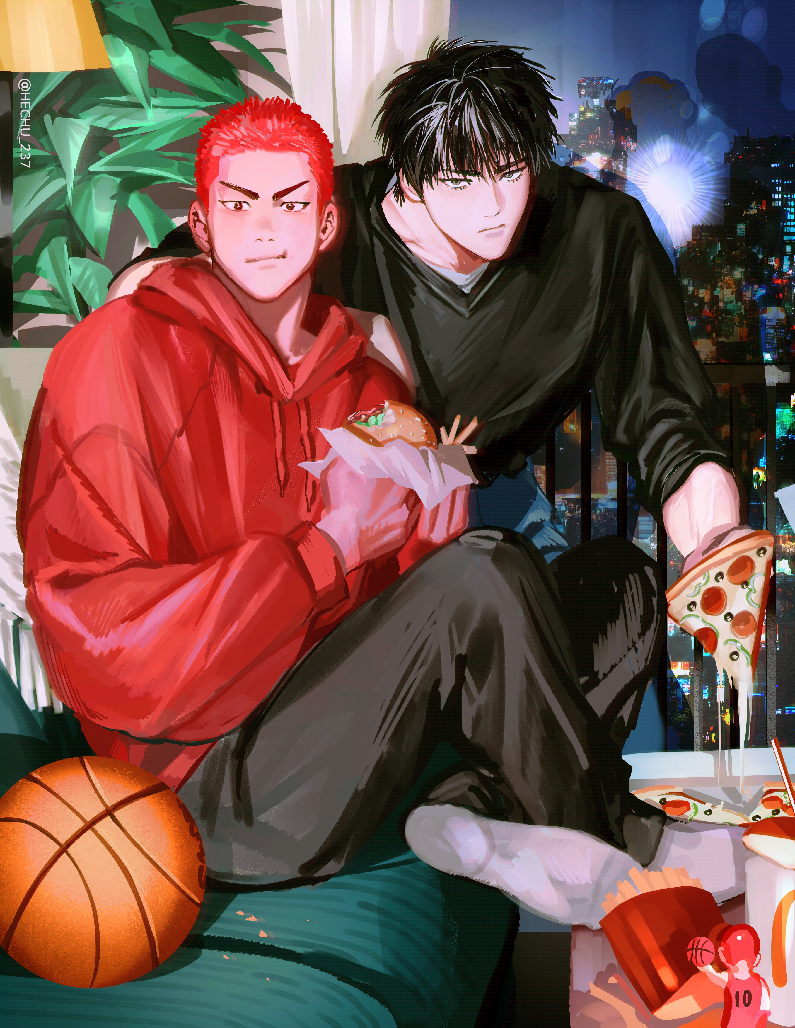 he image is a fanart depicting two animestyle boys, one with red hair and a red hoodie, and the other with black hair and a black sweater, relaxing on a couch in front of a window with a cityscape view at night. they are eating pizza and burgers, and a basketball is beside them.  the overall mood is casual and comfortable. the art style is smooth and detailed, with a focus on soft lighting and colors.