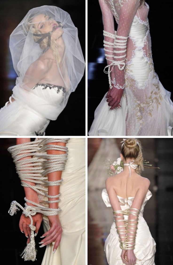 he image is a collage showcasing four different interpretations of a wedding dress from a fashion show. each image features a model wearing a unique white bridal gown, with a distinct element of ropes and bondage incorporated into the design. the first image presents a model with her hands tied behind her back, a veil over her face, and a gag. the second image shows a model in a sheer lace gown with her arms and wrists bound with rope. the third image is a closeup of a model's arms and hands bound with rope, and the fourth image displays a model with her hands tied behind her back. the overall aesthetic of the dresses is both beautiful and unsettling, striking a balance between traditional bridal elegance and unconventional, almost provocative, design. the images possibly belong to a haute couture or avantgarde fashion collection, creating a provocative and memorable visual experience for the viewer.