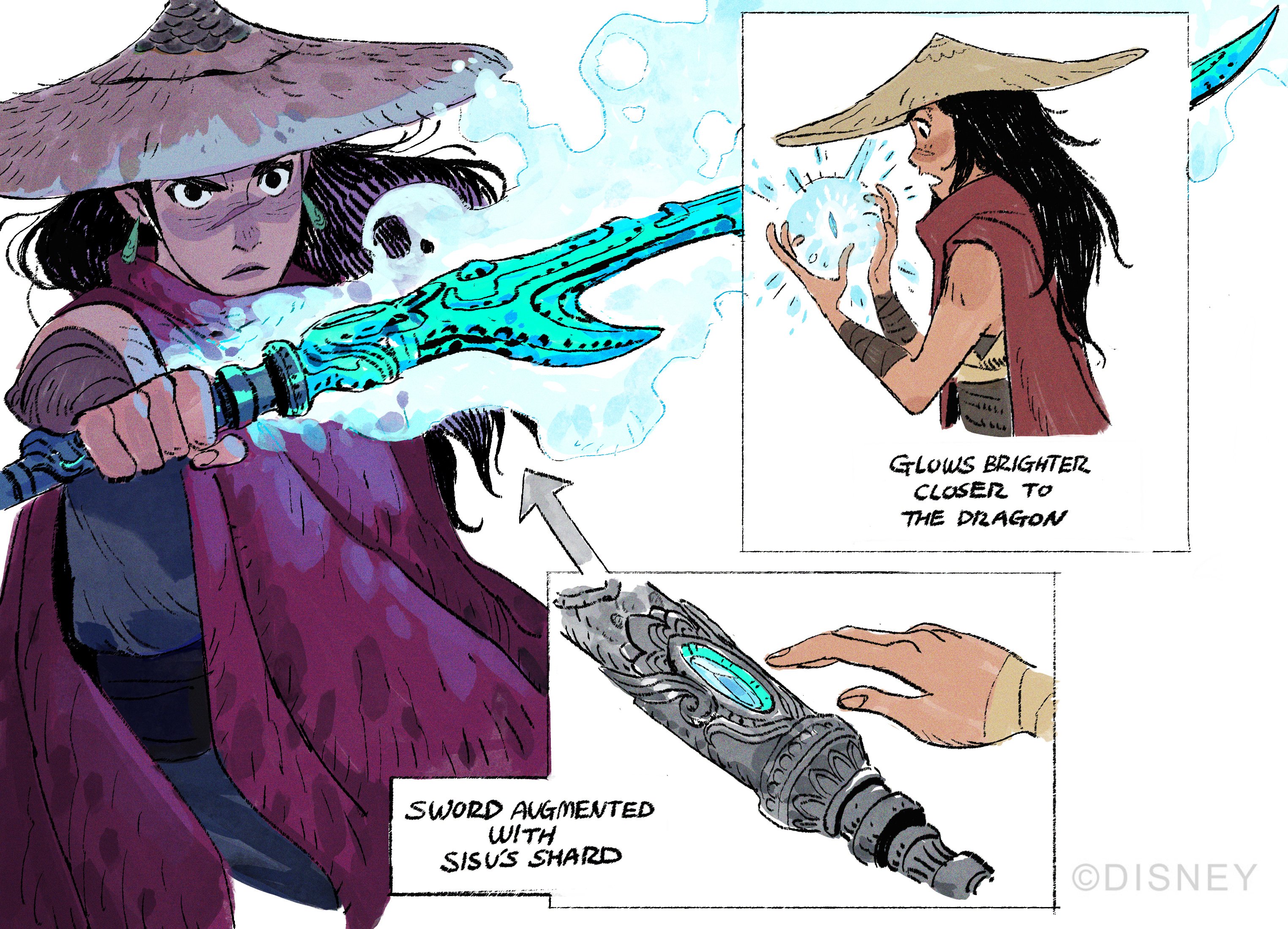 this cartoon image shows a woman warrior from an anime or fantasythemed setting. the woman is holding a sword that is glowing blue, and she is wearing a red and purple outfit. the sword is augmented with a sisus shard, which is a magical object. the text in the image explains that the sword glows brighter when it is closer to the dragon. the image is by disney.