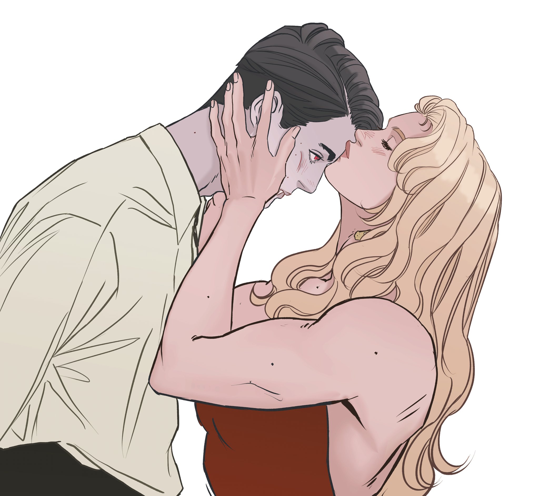 an illustration depicts a man and a woman engaged in a passionate kiss. the man, with pale skin and dark hair, is stylized as a vampire. the woman has long, blonde hair and is holding the man's face with one hand. the man is wearing a collared shirt. the image conveys affection and romantic love between the couple.