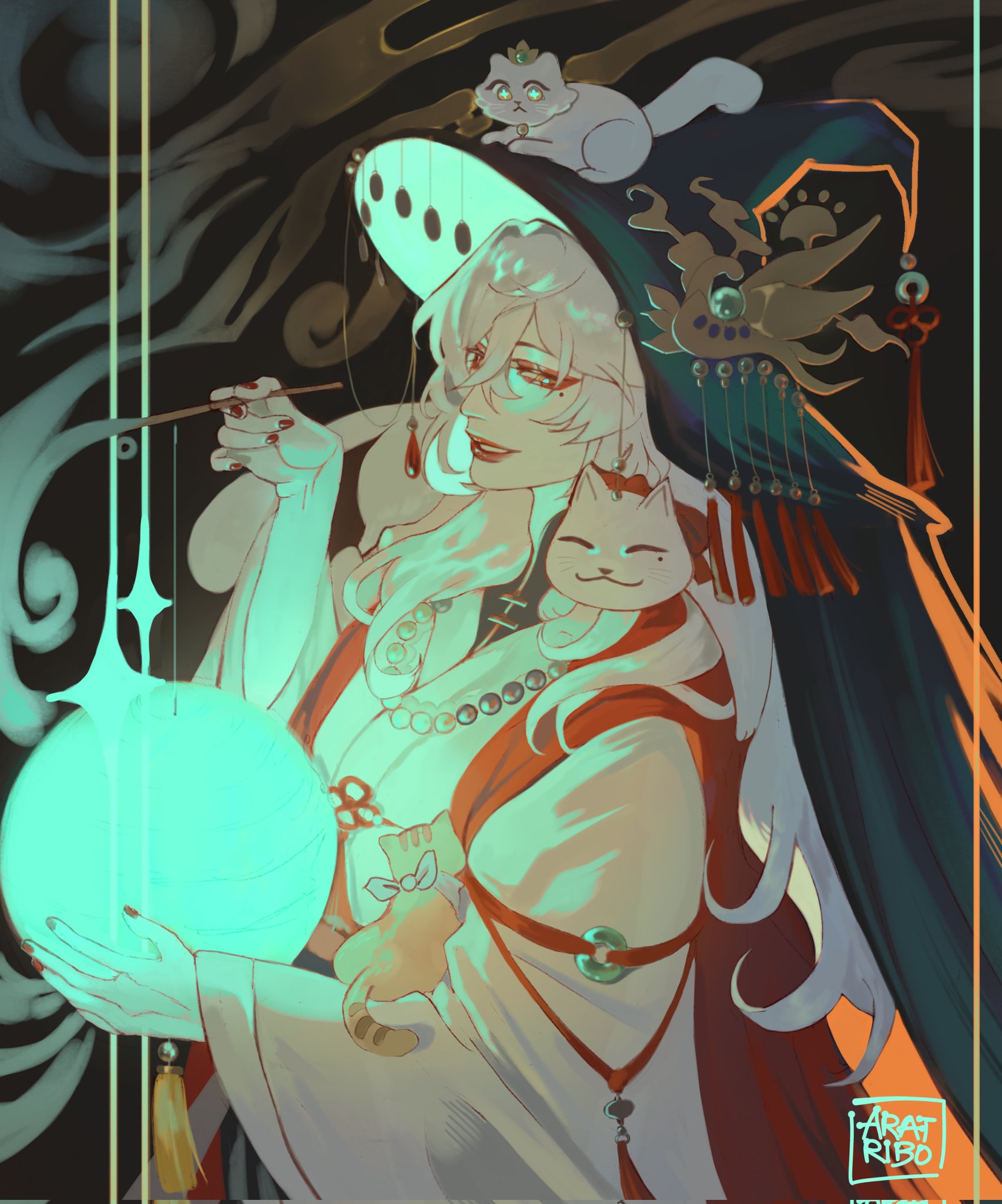 the image is a digital illustration of an anime girl with long white hair. she is wearing a witch hat with a cat on it. the hat is decorated with gold and red. she is also wearing a robe that is red and gold. the girl is holding a glowing green orb in her hands. in the background, there is a cat, with a cat ear hat on, sitting on a black and gold frame. the image is in a vibrant and colorful style. the overall theme of the image is magic and fantasy.