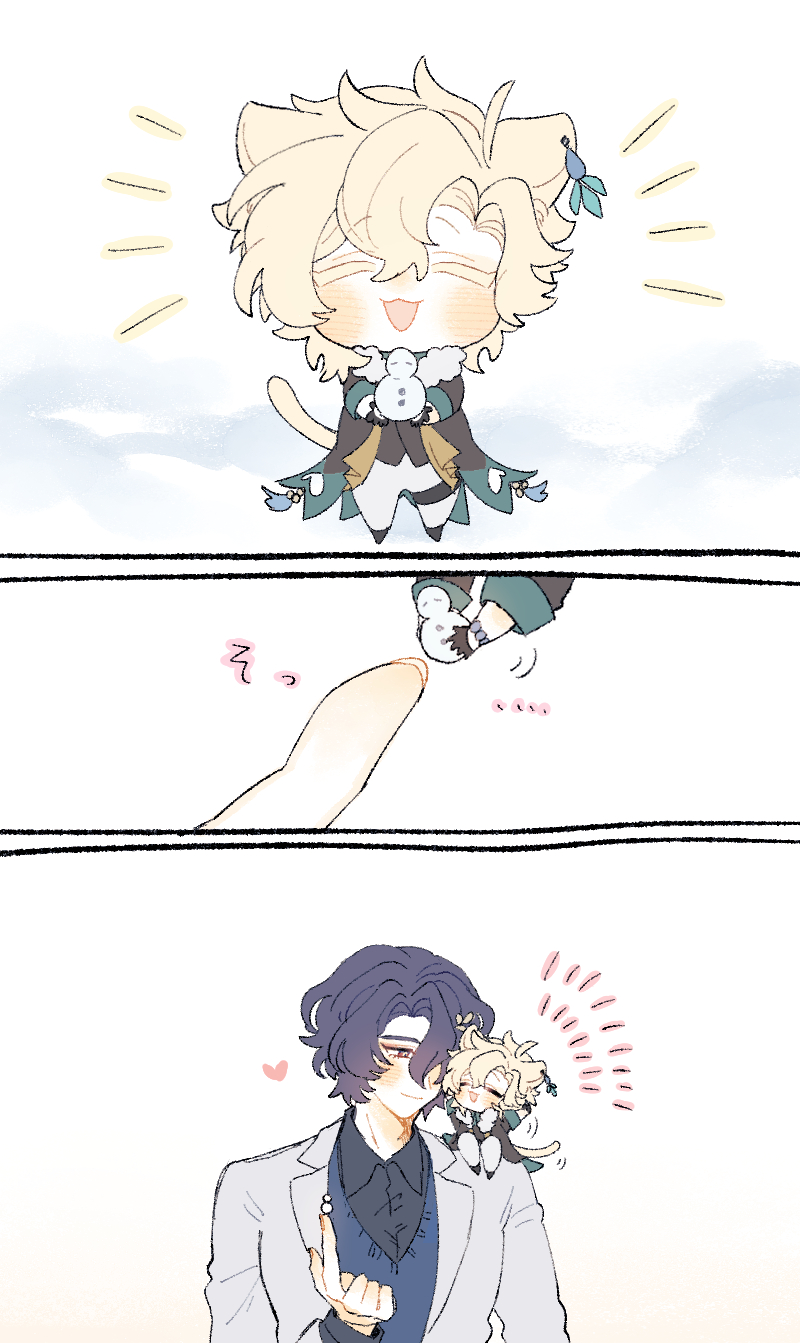 he image is a threepanel comicstyle illustration featuring chibistyle anime characters.  the first panel shows a small, joyful, blondhaired boy character with catlike ears holding a tiny snowman. the second panel shows a larger hand gently reaching down towards the boy character from above. the third panel depicts a taller, darkhaired boy character in a suit, with the blondhaired boy from the first panel perched on his shoulder, looking happy and small. the art style is soft, clean, and employs light colors with simple lines. the overall mood is lighthearted and affectionate.
