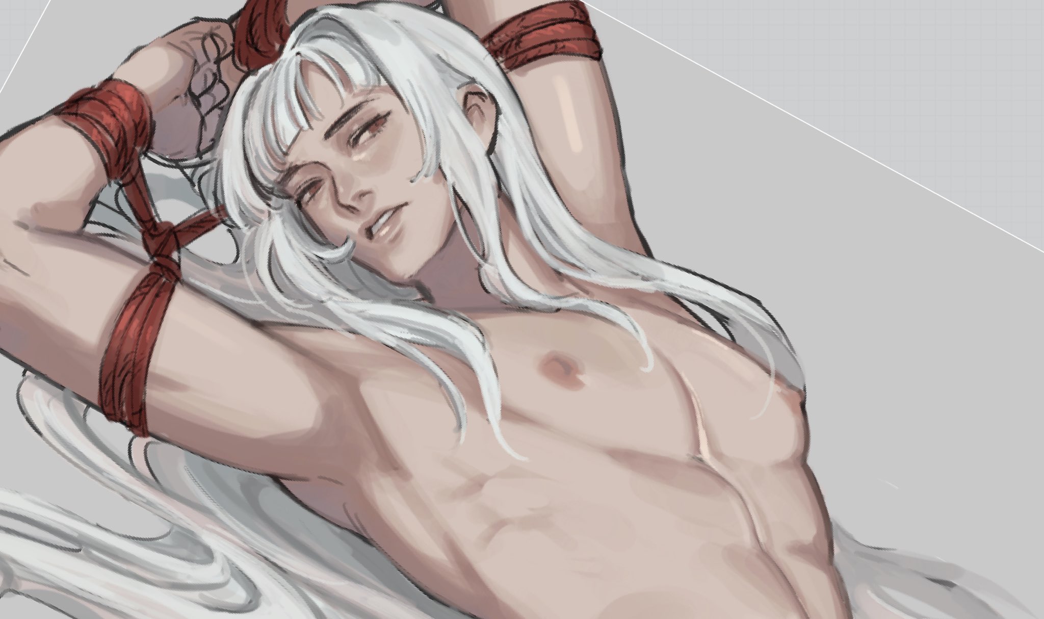 the image is a digital painting of a young, attractive animestyle man with long, white hair. he is shirtless and his arms are tied up with red rope.  he has a muscular physique and a calm expression. the background is a muted gray. the art style is soft and painterly.