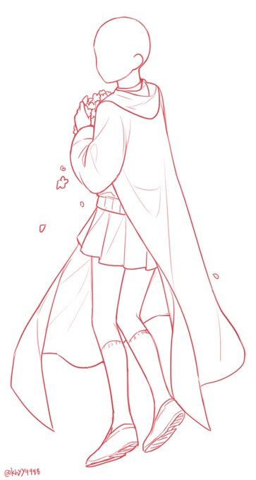 this is a line drawing of an anime girl in a cloak and skirt. she is holding a bouquet of flowers in her hand and is in a slightly posed position with her legs crossed.