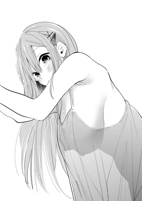 a closeup, black and white illustration of a young anime girl, with long, black hair. she's wearing a sleeveless dress and is looking down. she has a thoughtful and slightly sad expression on her face.  the image has a soft, ethereal quality.