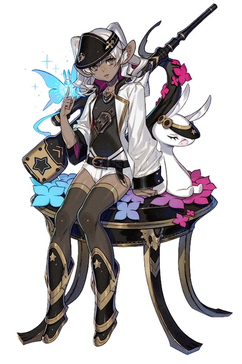 a darkskinned elf girl with white hair and pointed ears is sitting on an ornate black chair. she is wearing a white jacket, black shorts, and thighhigh boots. she has a gun slung over her back and a fairy perched on her finger. a white rabbit with goggles is sitting next to her on the chair.