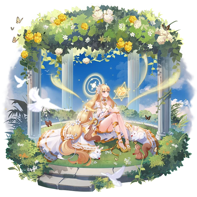 the image shows a blonde woman in a white and gold dress, sitting in a garden gazebo surrounded by animals. the scene is brightly lit, suggesting daytime, and the overall mood is peaceful and serene. there are white roses and yellow flowers growing over the gazebo, and several white doves fly around the scene. a squirrel and several rabbits are gathered around the woman.  the image is drawn in an anime or manga style.