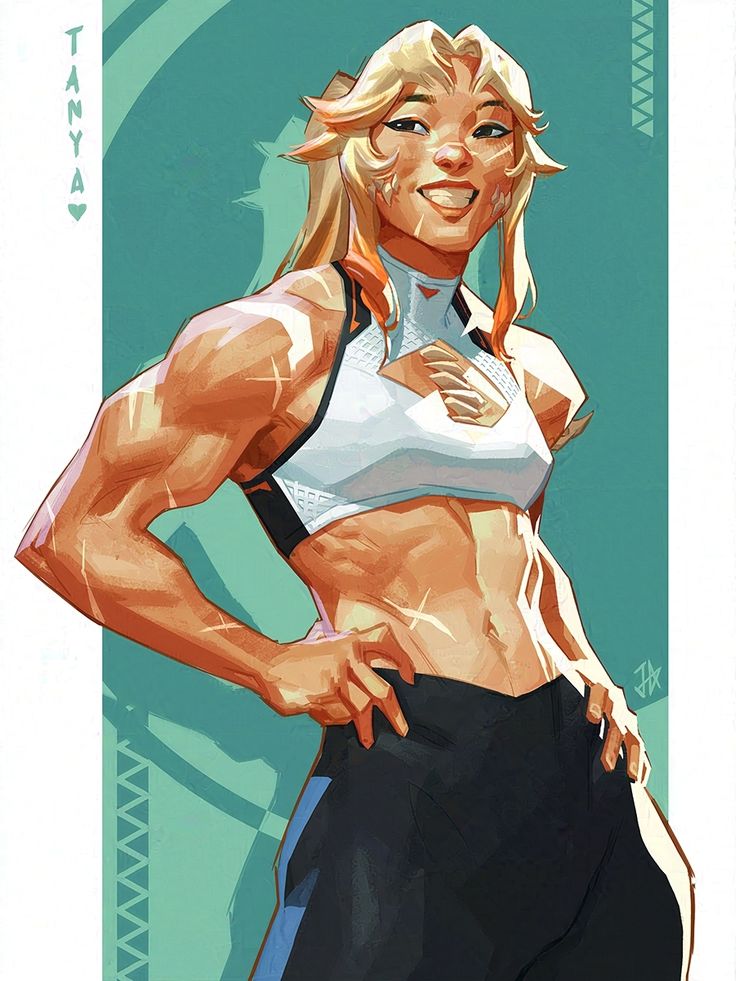 the image is a digital painting or illustration of a strong, muscular female character named tanya. she has long blonde hair and is wearing a white sports bra and black leggings. her pose is confident and powerful, with her hands on her hips. the background is a teal color with a stylized design. the overall style is vibrant and stylized, focusing on her physique and confident demeanor.  the art style is reminiscent of character design for video games or comic books.