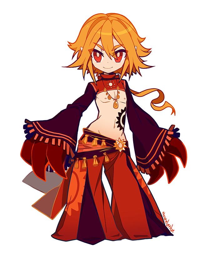 the illustration is a digital art piece featuring an anime character, a young boy, the god of the sun. he is dressed in a black and red kimono with elaborate patterns that seem to have some sun or fire motifs. he has orange hair and wears a necklace with a large sun symbol on it. he has a friendly expression and is smiling. the illustration is done in a bright and cheerful style, with a lot of color and detail.