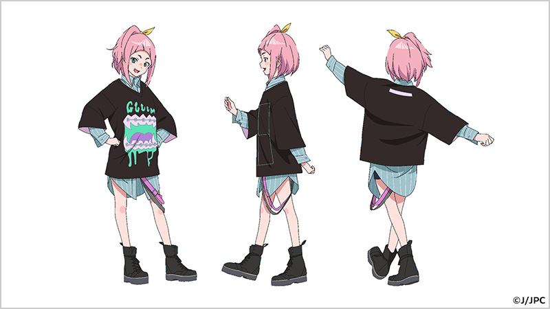 a digital illustration showcasing three poses of the same female anime character against a stark white background. she has short, vibrant pink hair styled with a small yellow bow. her outfit leans towards streetwear, with an oversized black tshirt featuring a graphic design, a black jacket, a short blue and white striped skirt worn low on her hips, and chunky black boots.