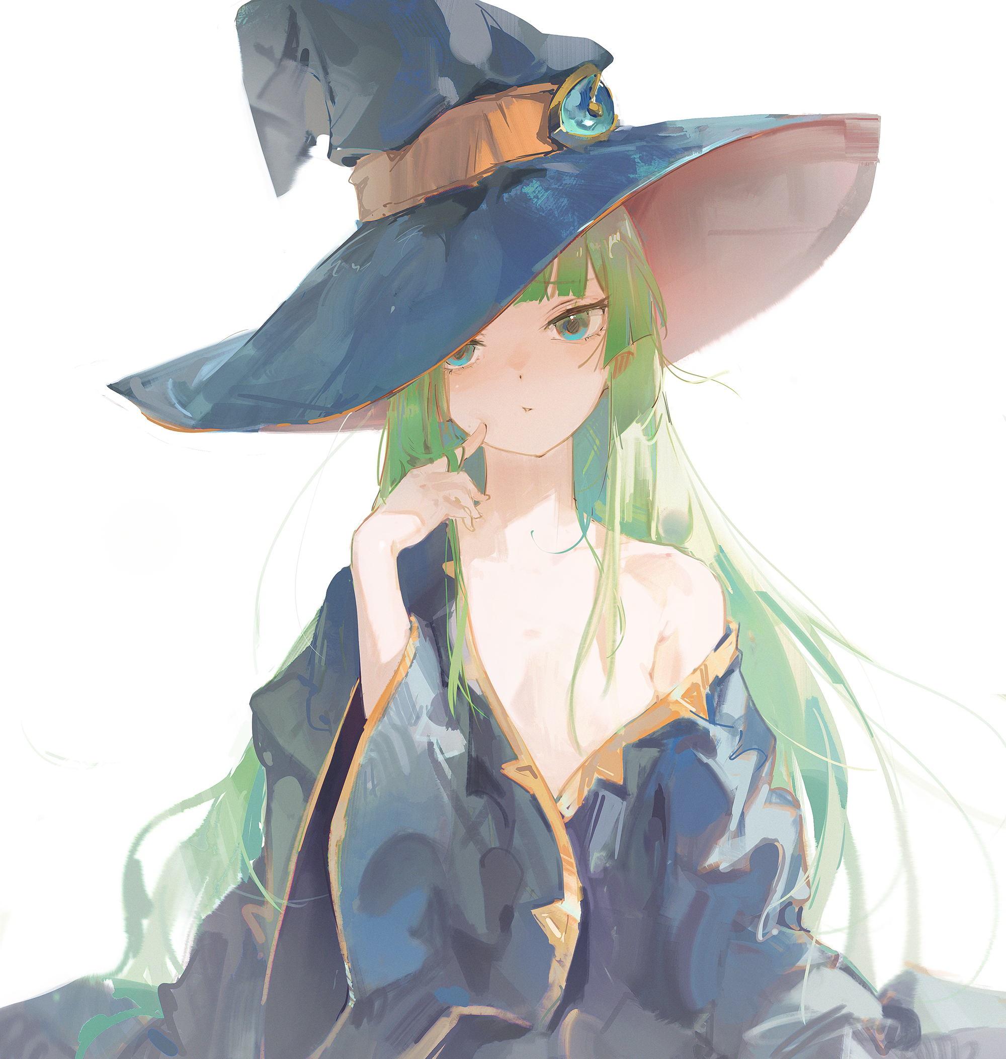 a digital illustration of a young animestyle woman with long, flowing green hair and a widebrimmed blue witch's hat. she is wearing a blue dress and her expression is serene and thoughtful. the background is a simple white, which emphasizes the subject and allows for a greater focus on the details of her clothing and appearance. the woman's outfit and pose suggest that she is a magical being, perhaps a witch or sorceress.