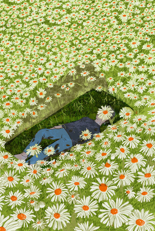 an aerial view of a field of daisies with a single grave in the center. the grave is open and shows a person lying inside, seemingly at peace. the scene evokes feelings of sadness and loneliness but also of serenity and the beauty of nature.