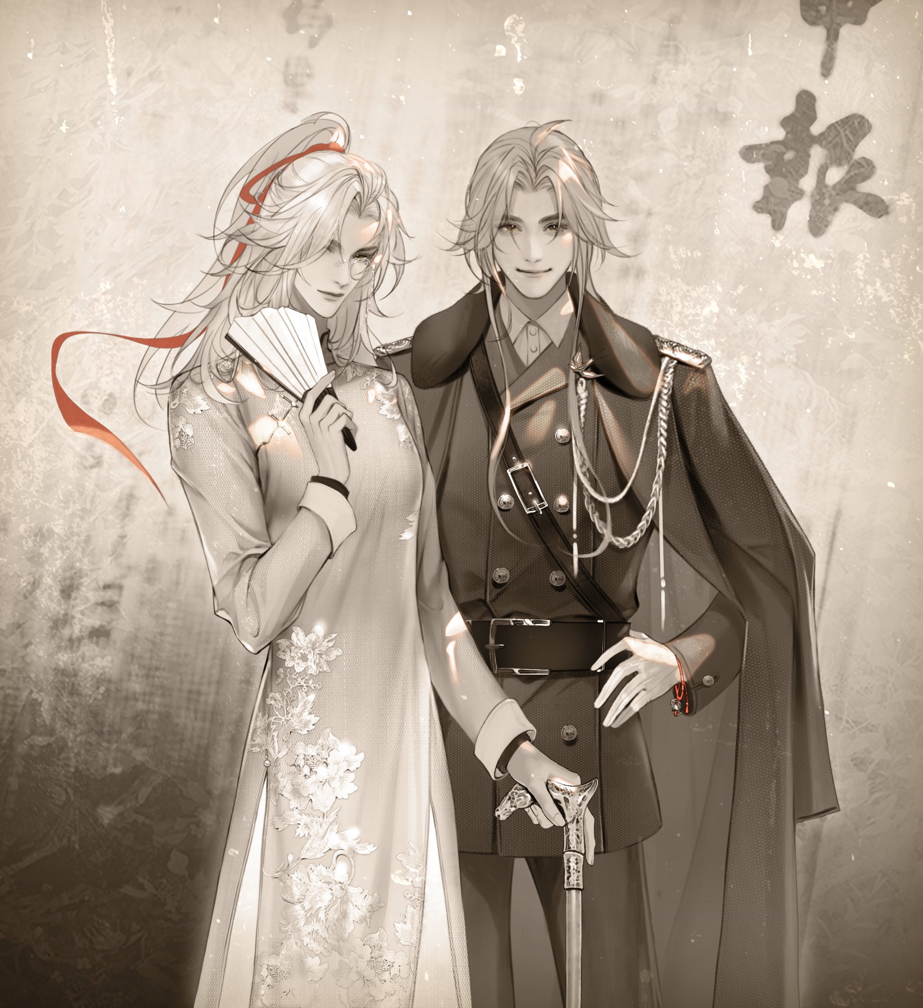 the image contains two anime characters. they are standing side by side. one of the characters is holding a fan and the other one is holding a cane. they are both smiling. the characters are dressed in formal attire. the one on the left is wearing a long white dress with a fan. the one on the right is wearing a black suit with a white shirt, black pants, and a cane. the background is grey with some chinese writing.